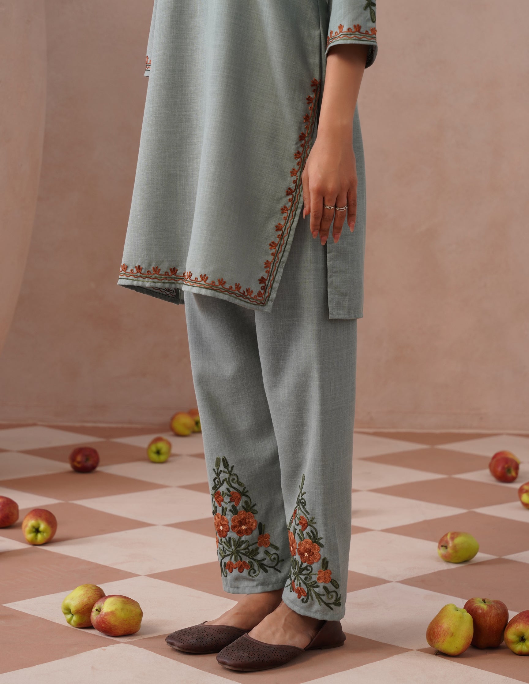 Light Blue Cotton Coordset – Green & Brown Earthy Embroidery | Everyday Ethnic Wear - Kashmir Box