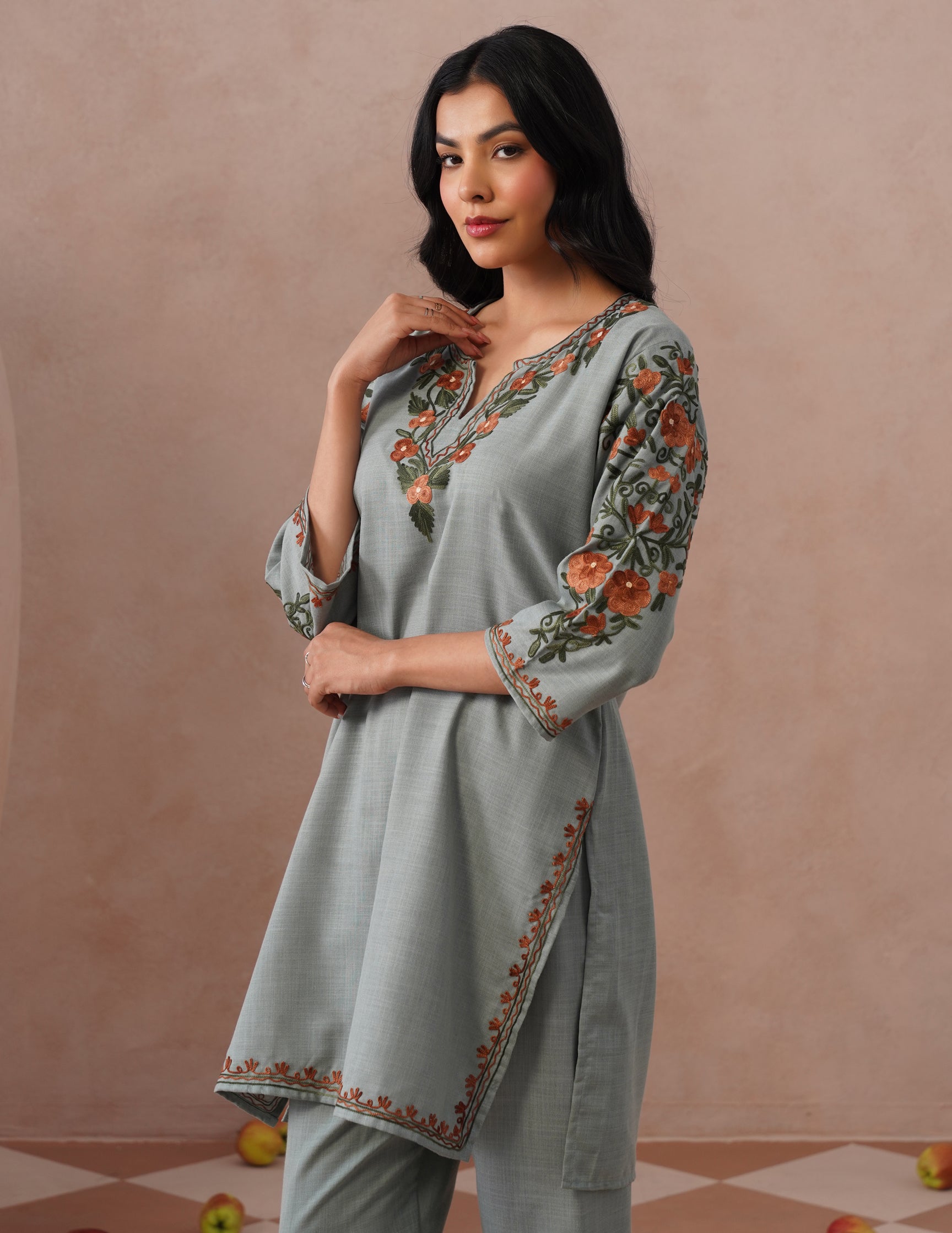 Light Blue Cotton Coordset – Green & Brown Earthy Embroidery | Everyday Ethnic Wear - Kashmir Box