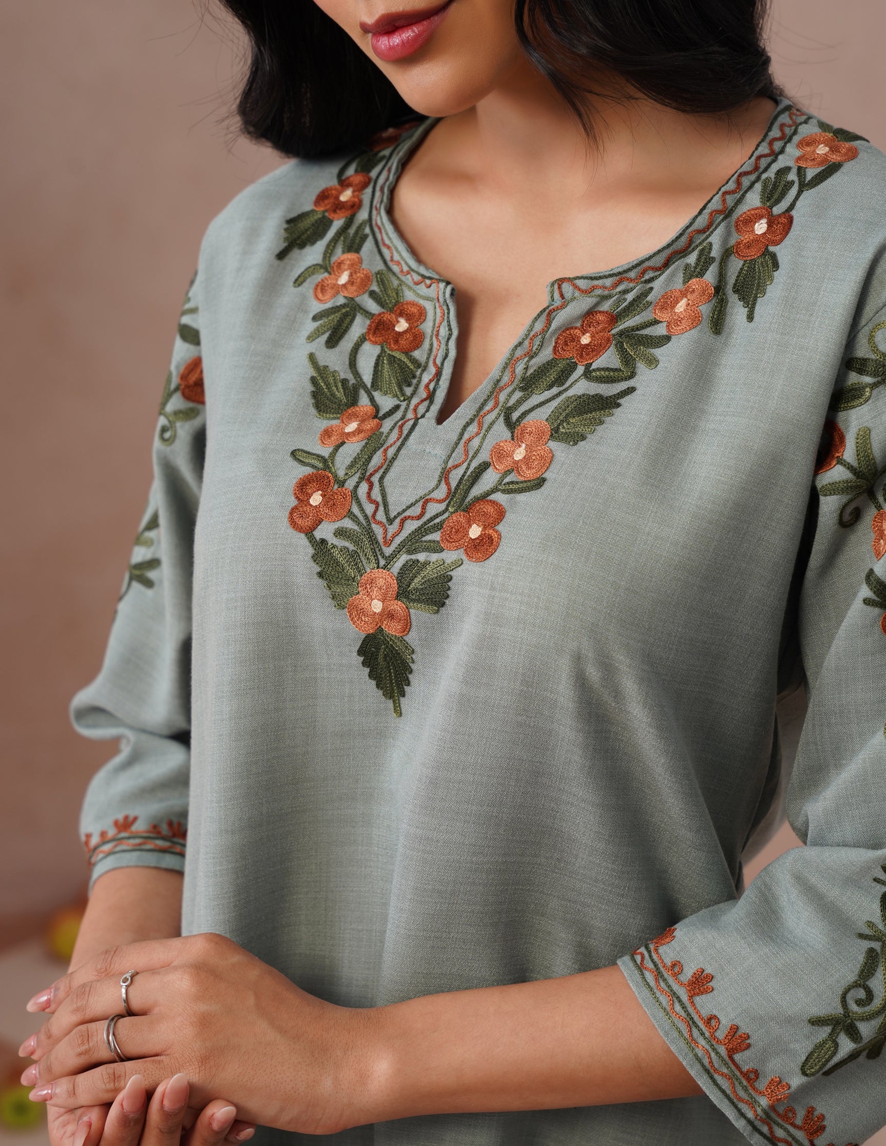 Light Blue Cotton Coordset – Green & Brown Earthy Embroidery | Everyday Ethnic Wear - Kashmir Box
