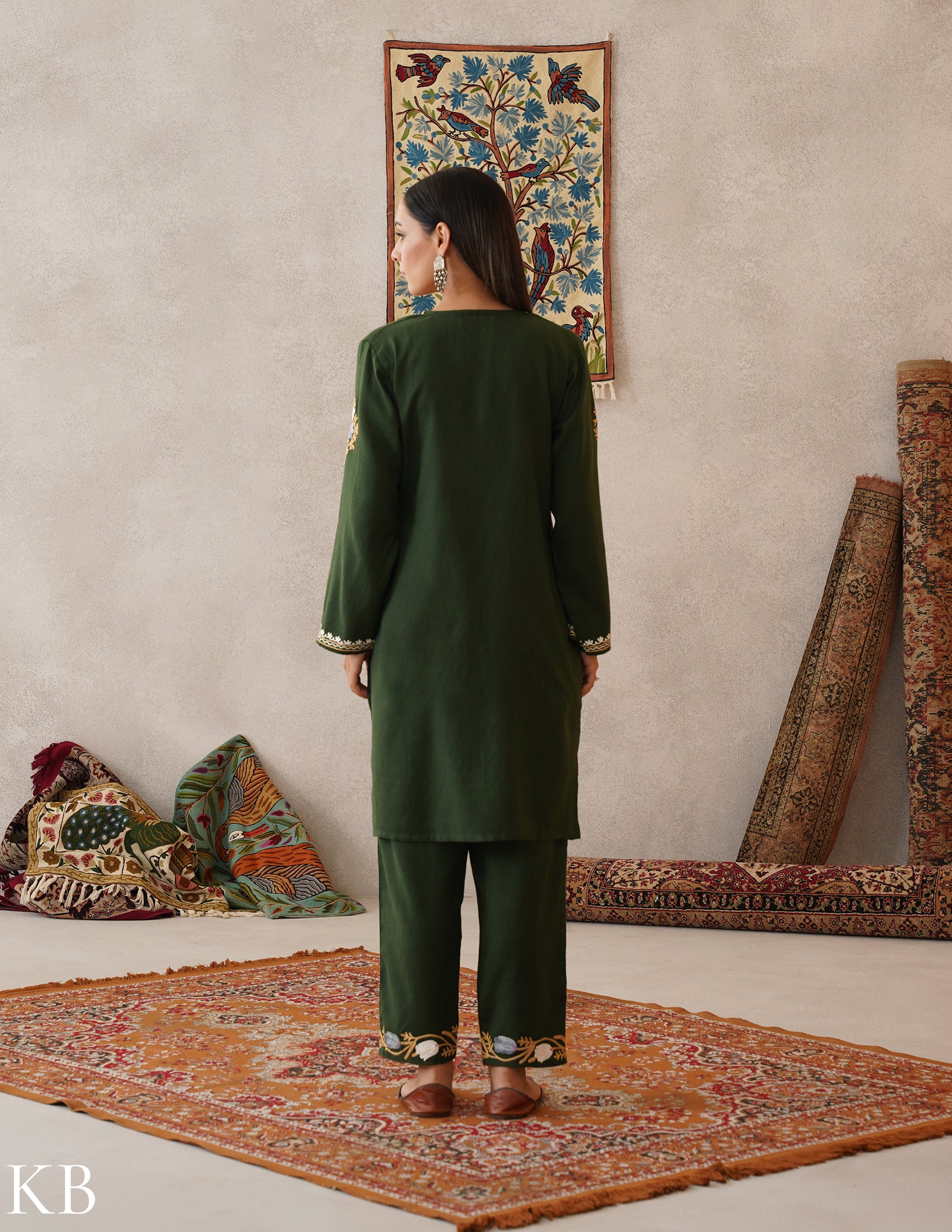 meHER Deep Forest Green Kashmiri Aari Woollen Co-ord Set - Kashmir Box