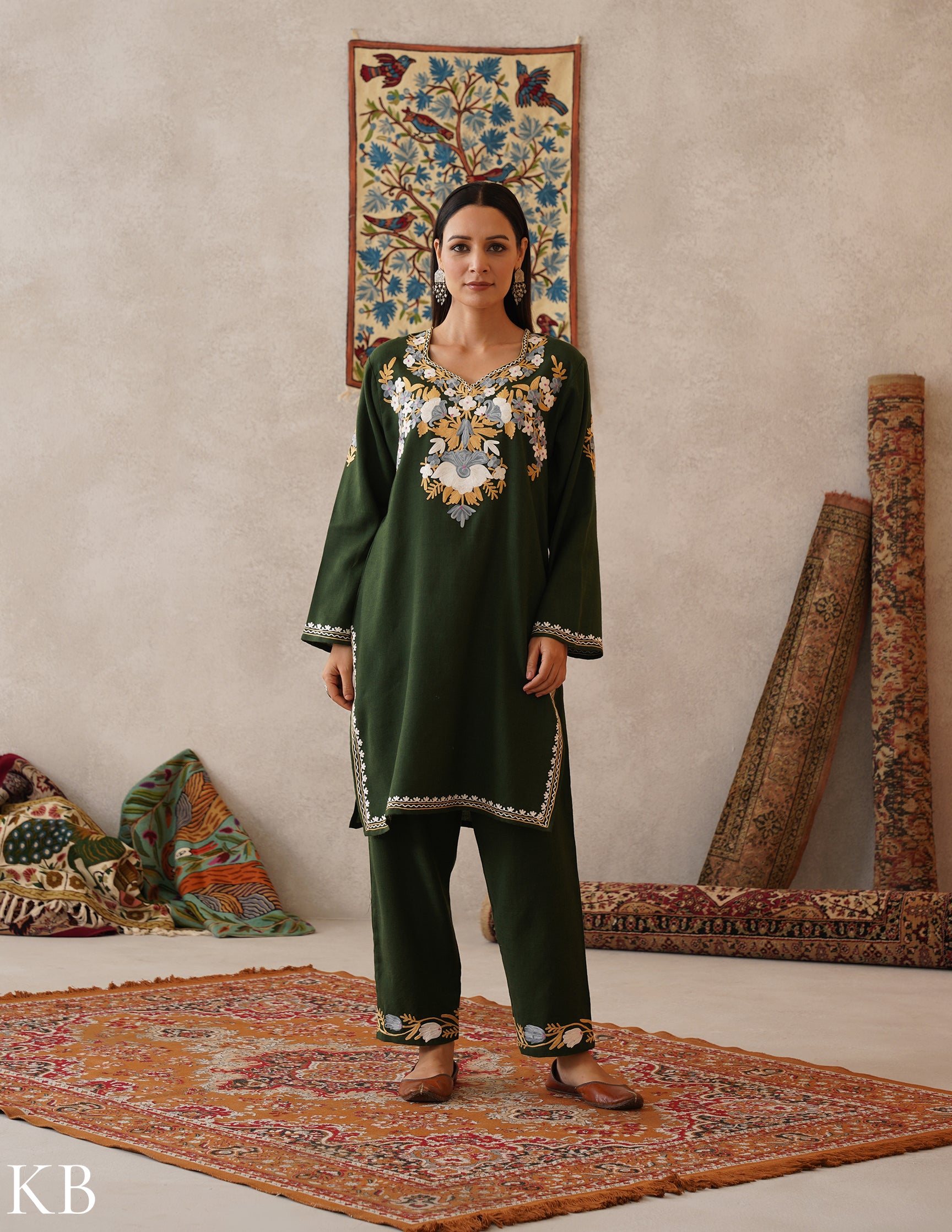 meHER Deep Forest Green Kashmiri Aari Woollen Co-ord Set - Kashmir Box
