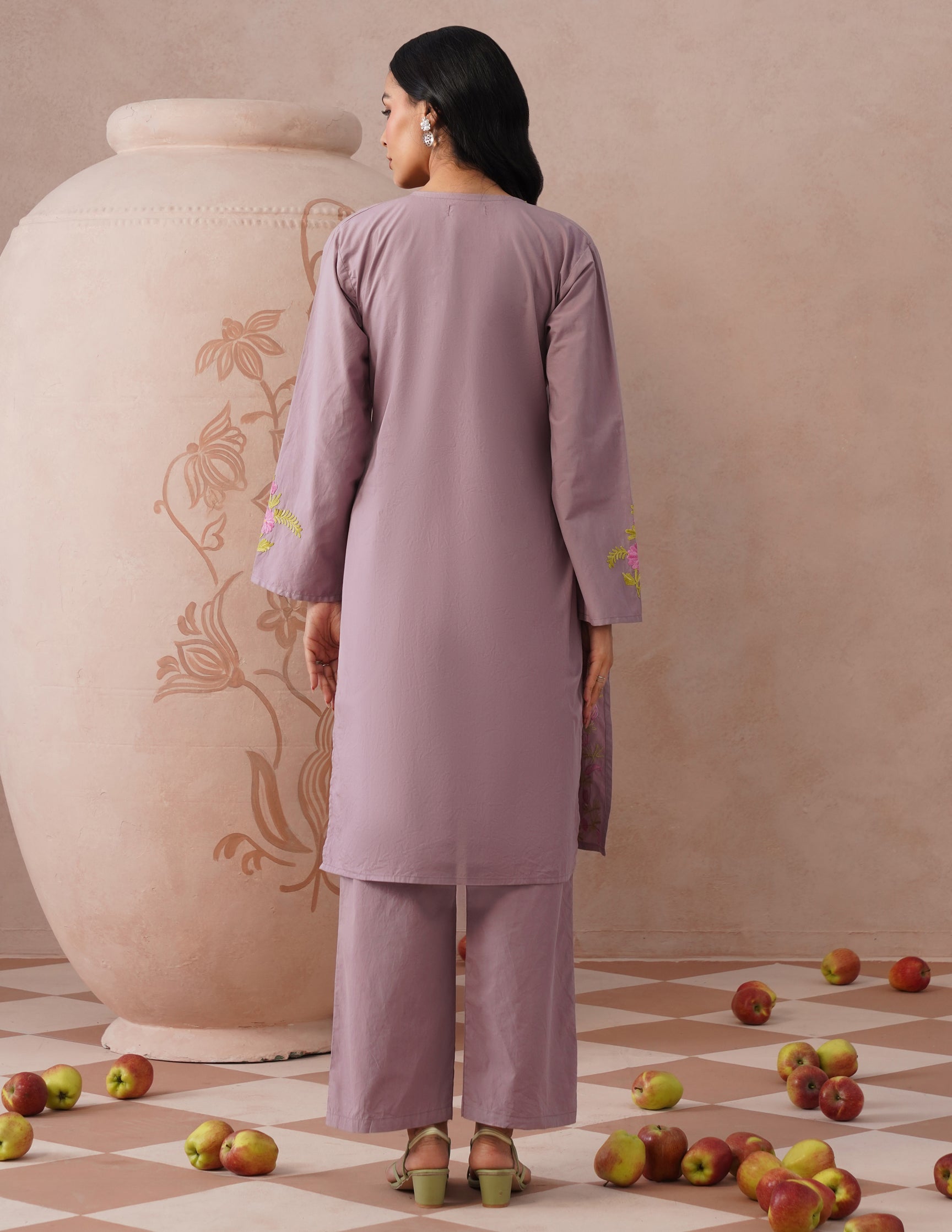 Mauve Poplin Coordset – Pink & Green Aari Embroidery | Feminine Ethnic Wear - Kashmir Box