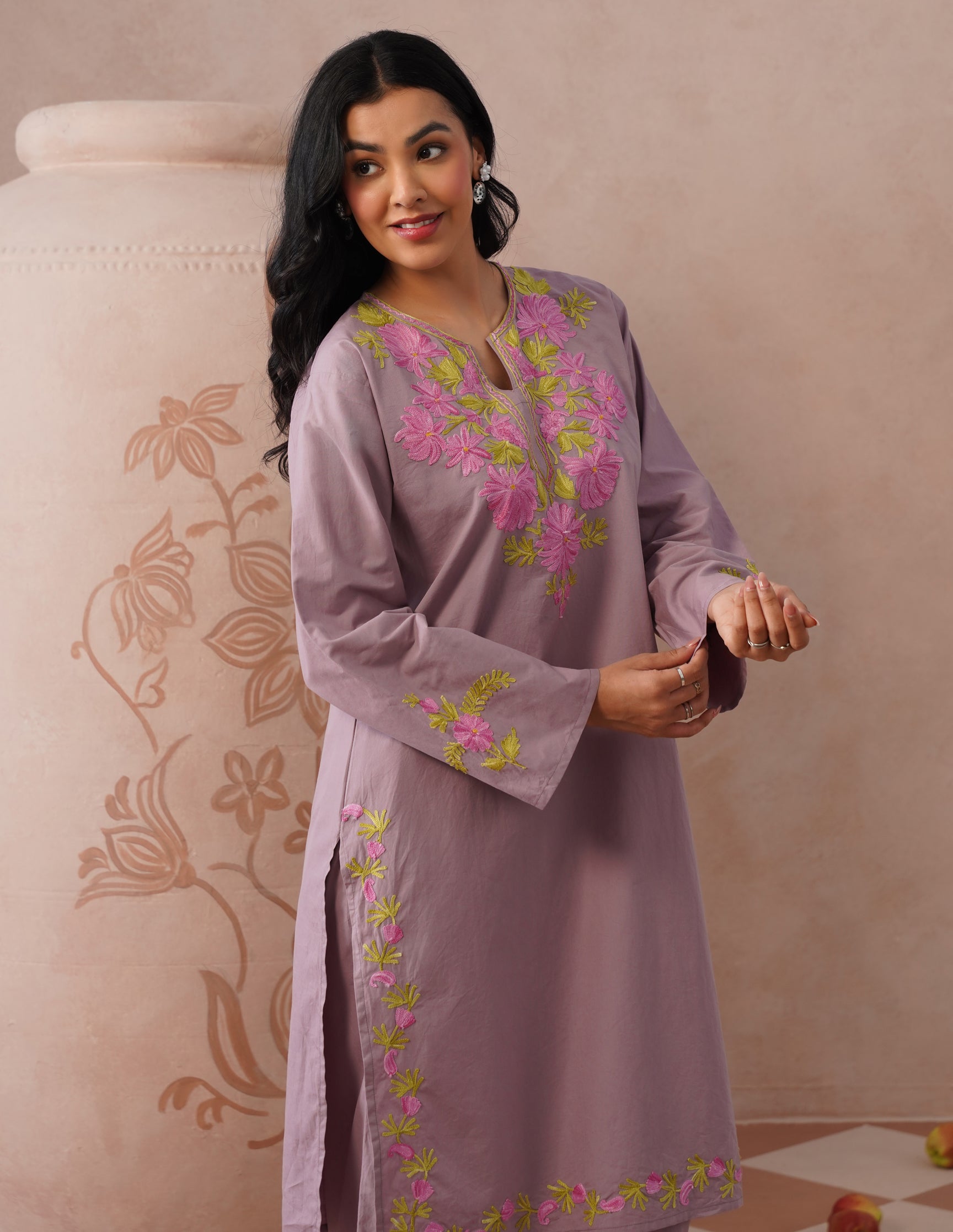 Mauve Poplin Coordset – Pink & Green Aari Embroidery | Feminine Ethnic Wear - Kashmir Box