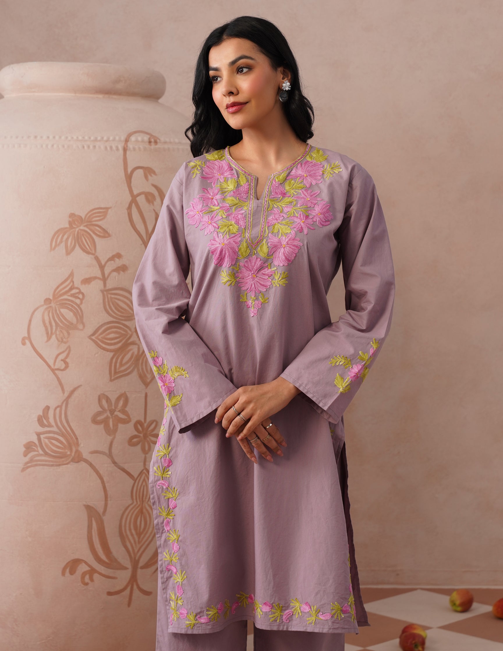 Mauve Poplin Coordset – Pink & Green Aari Embroidery | Feminine Ethnic Wear - Kashmir Box