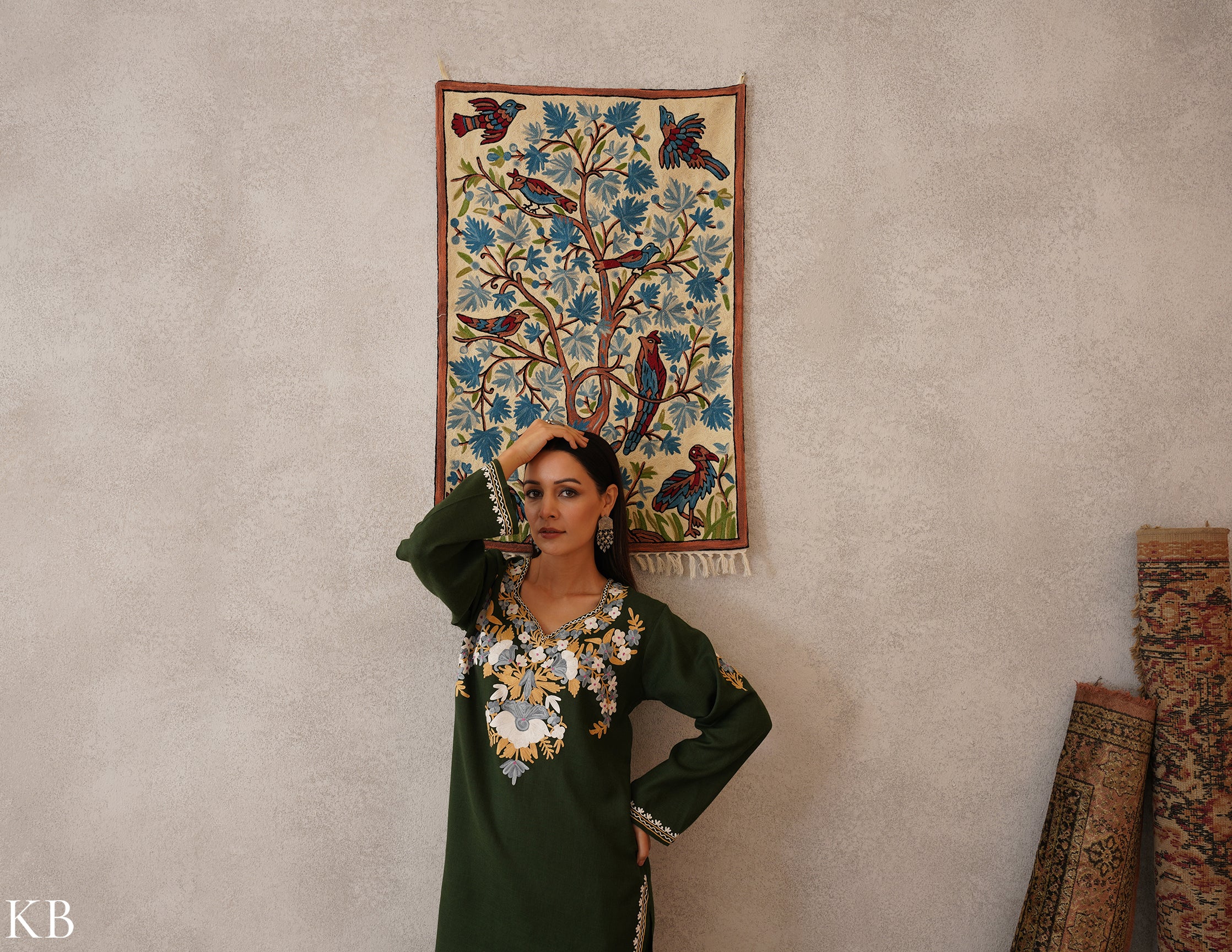meHER Deep Forest Green Kashmiri Aari Woollen Co-ord Set - Kashmir Box