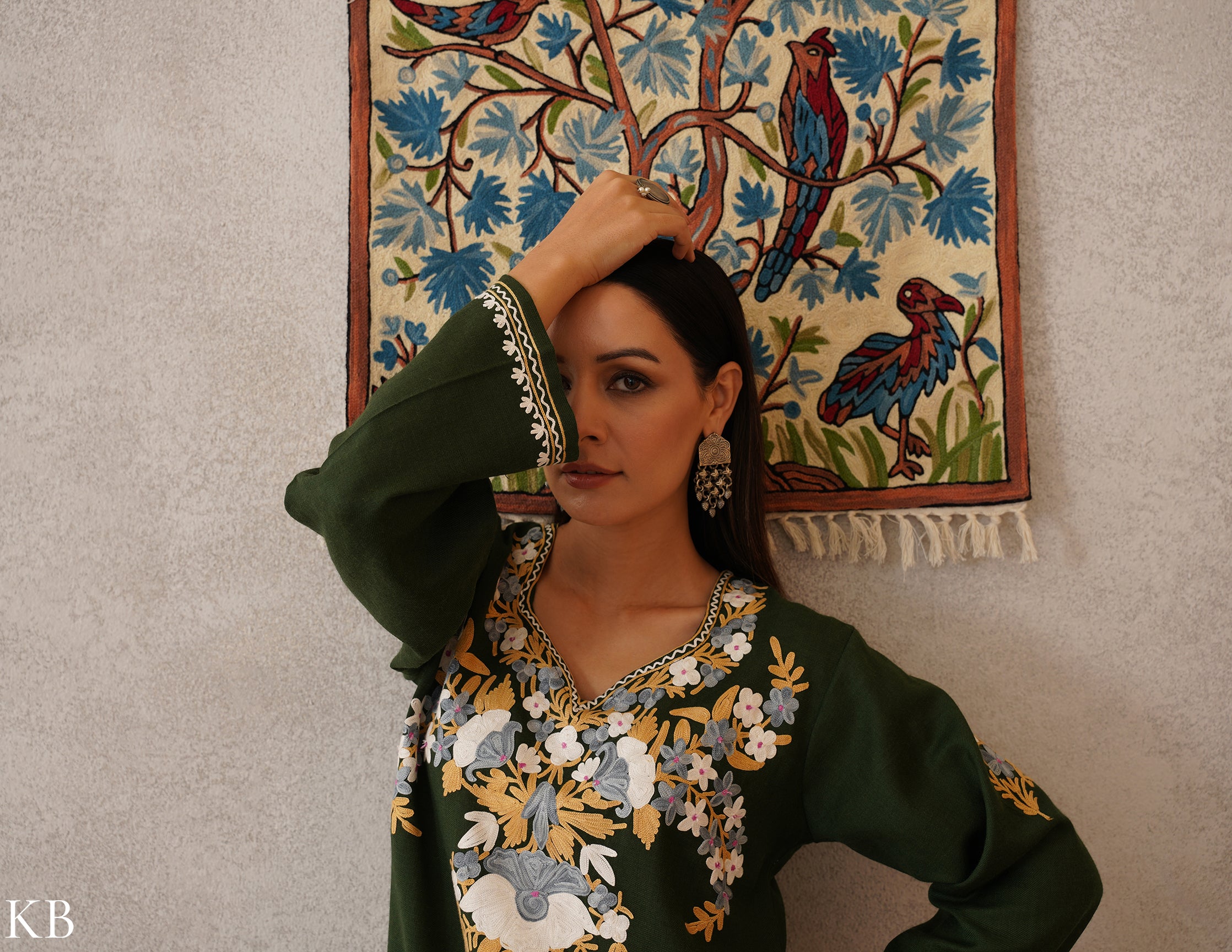 meHER Deep Forest Green Kashmiri Aari Woollen Co-ord Set - Kashmir Box