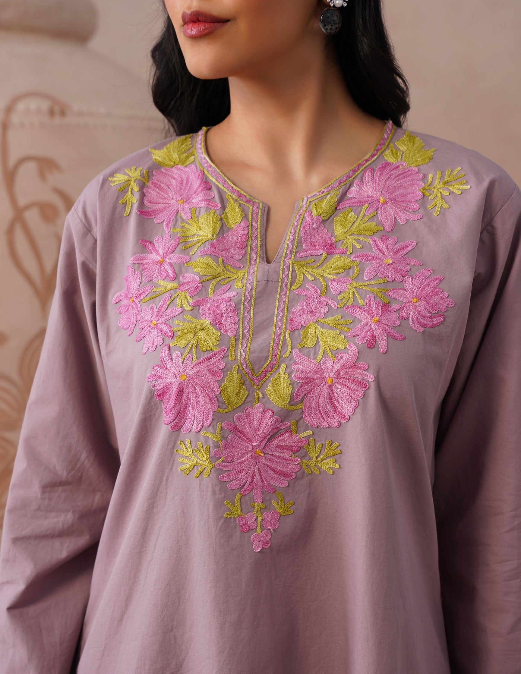 Mauve Poplin Coordset – Pink & Green Aari Embroidery | Feminine Ethnic Wear - Kashmir Box