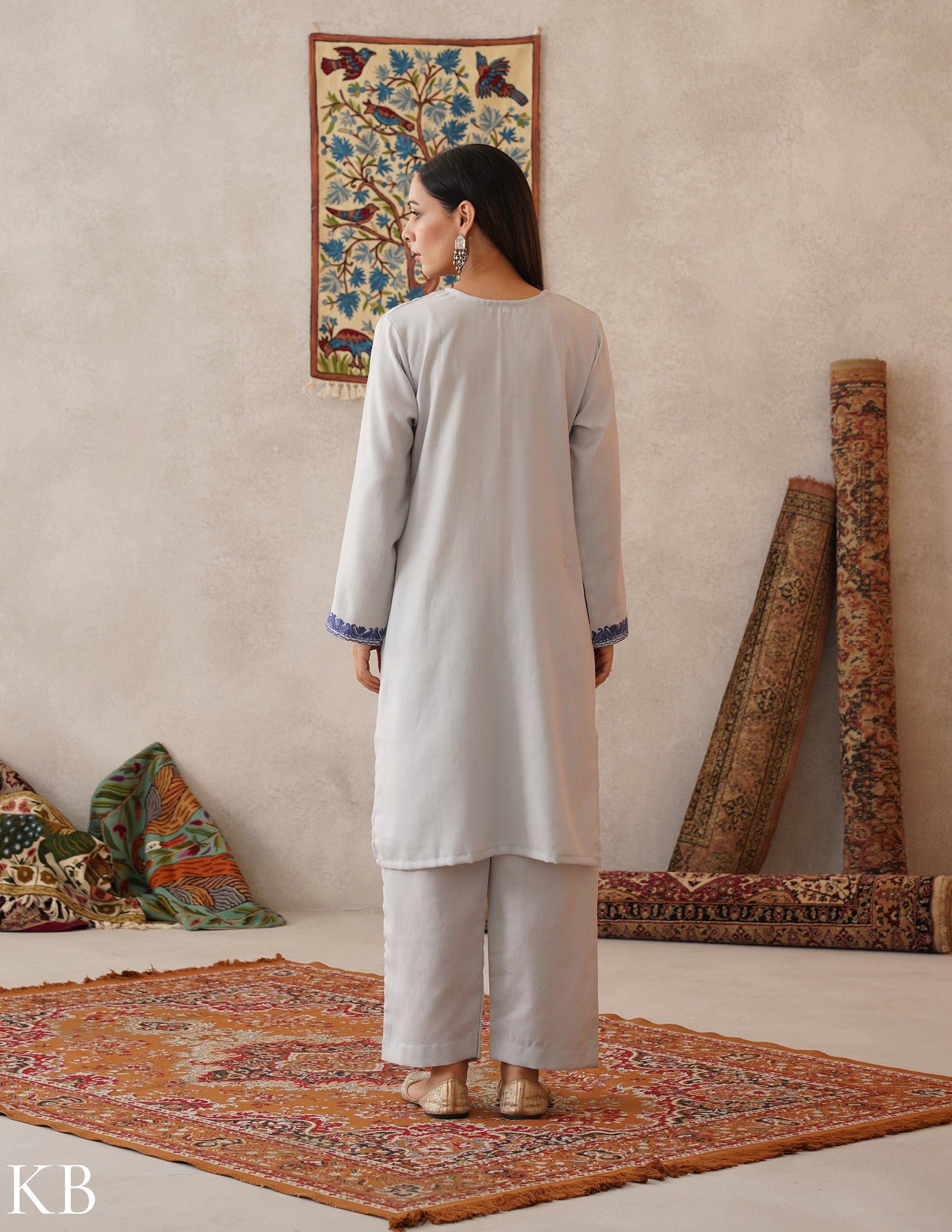 meHER Water Grey Kashmiri Aari Woollen Co-ord Set - Kashmir Box