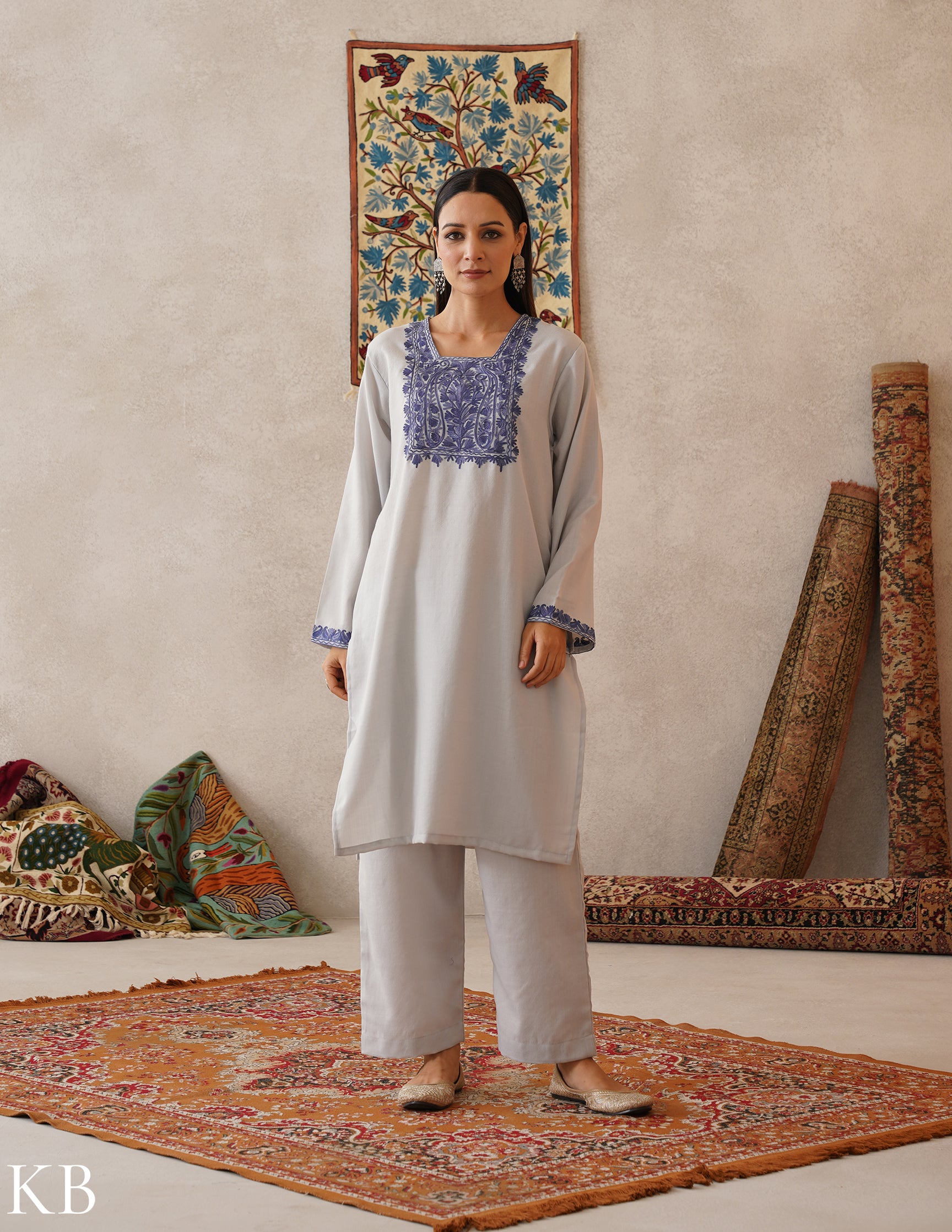 meHER Water Grey Kashmiri Aari Woollen Co-ord Set - Kashmir Box