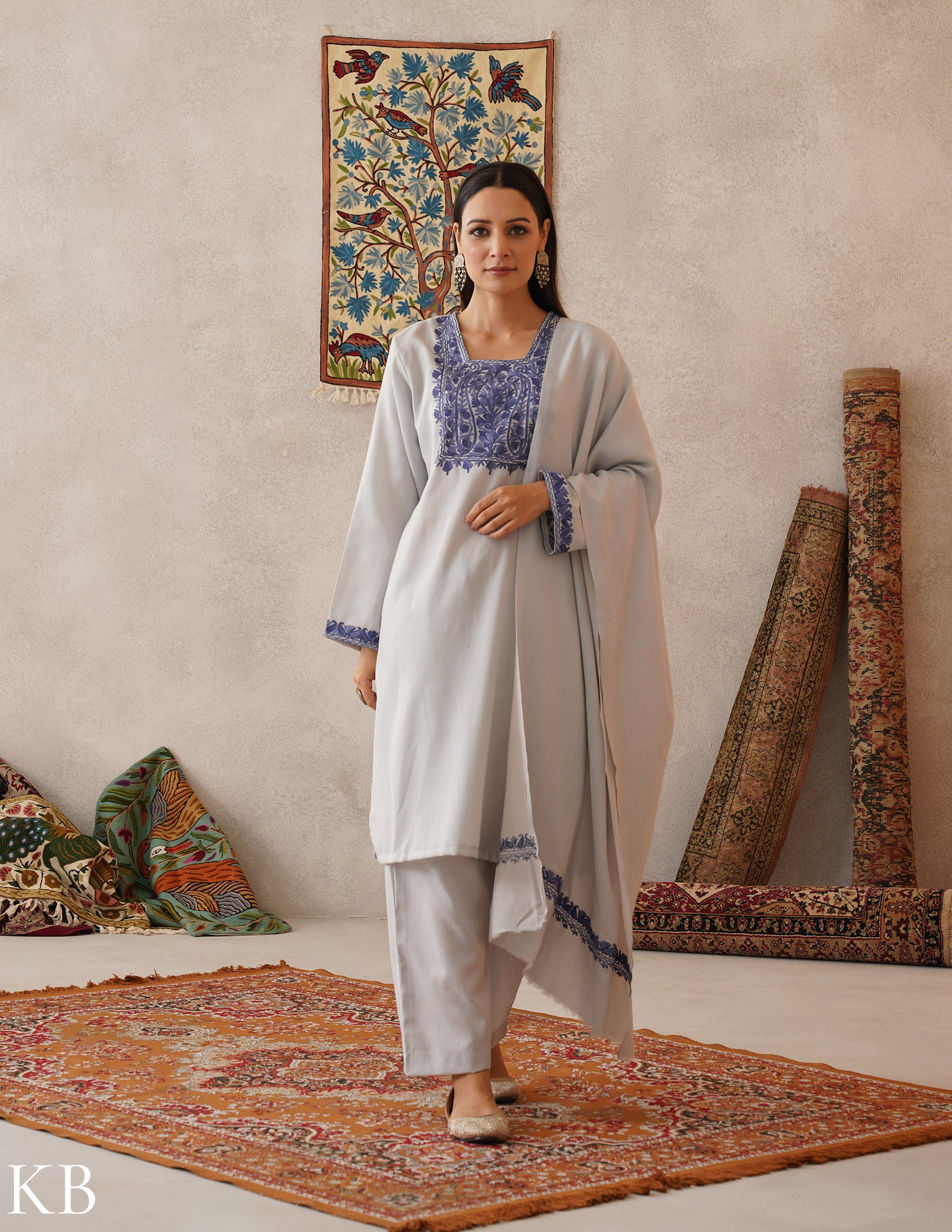 meHER Water Grey Kashmiri Aari Woollen Co-ord Set - Kashmir Box