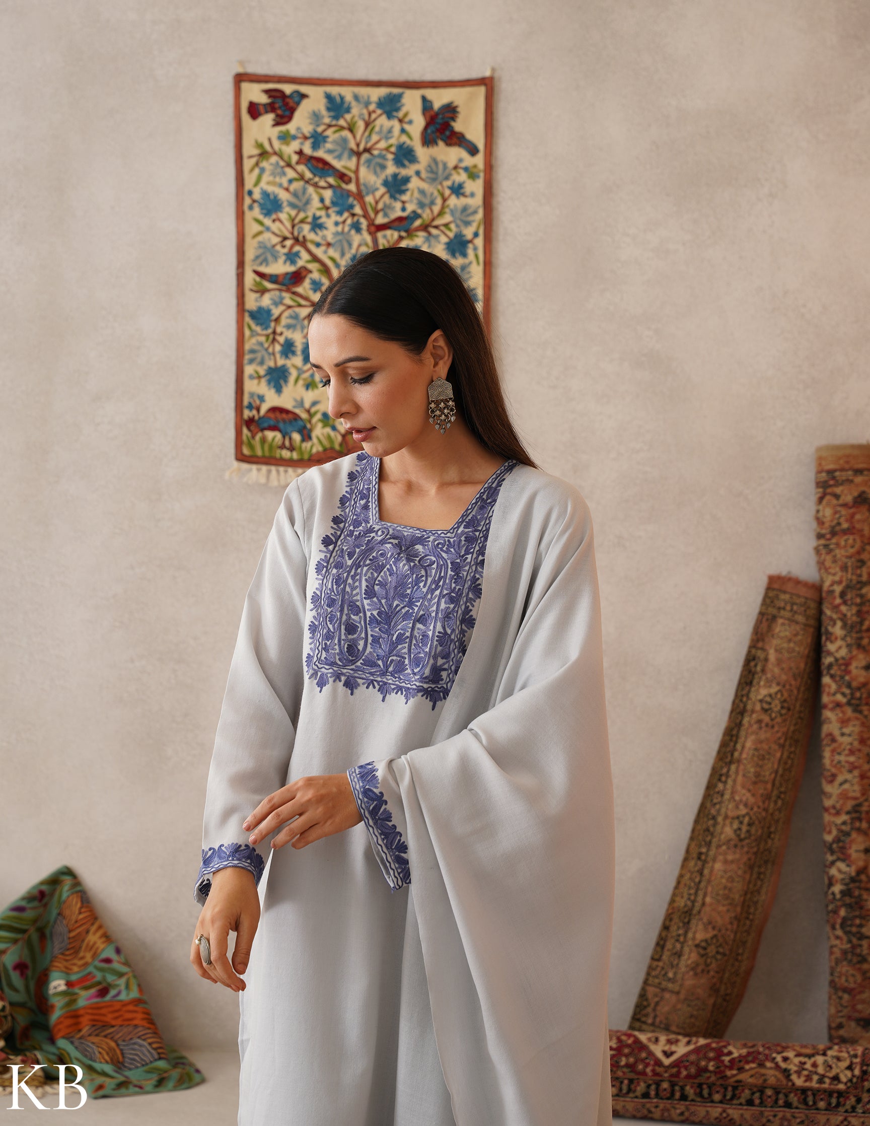 meHER Water Grey Kashmiri Aari Woollen Co-ord Set - Kashmir Box