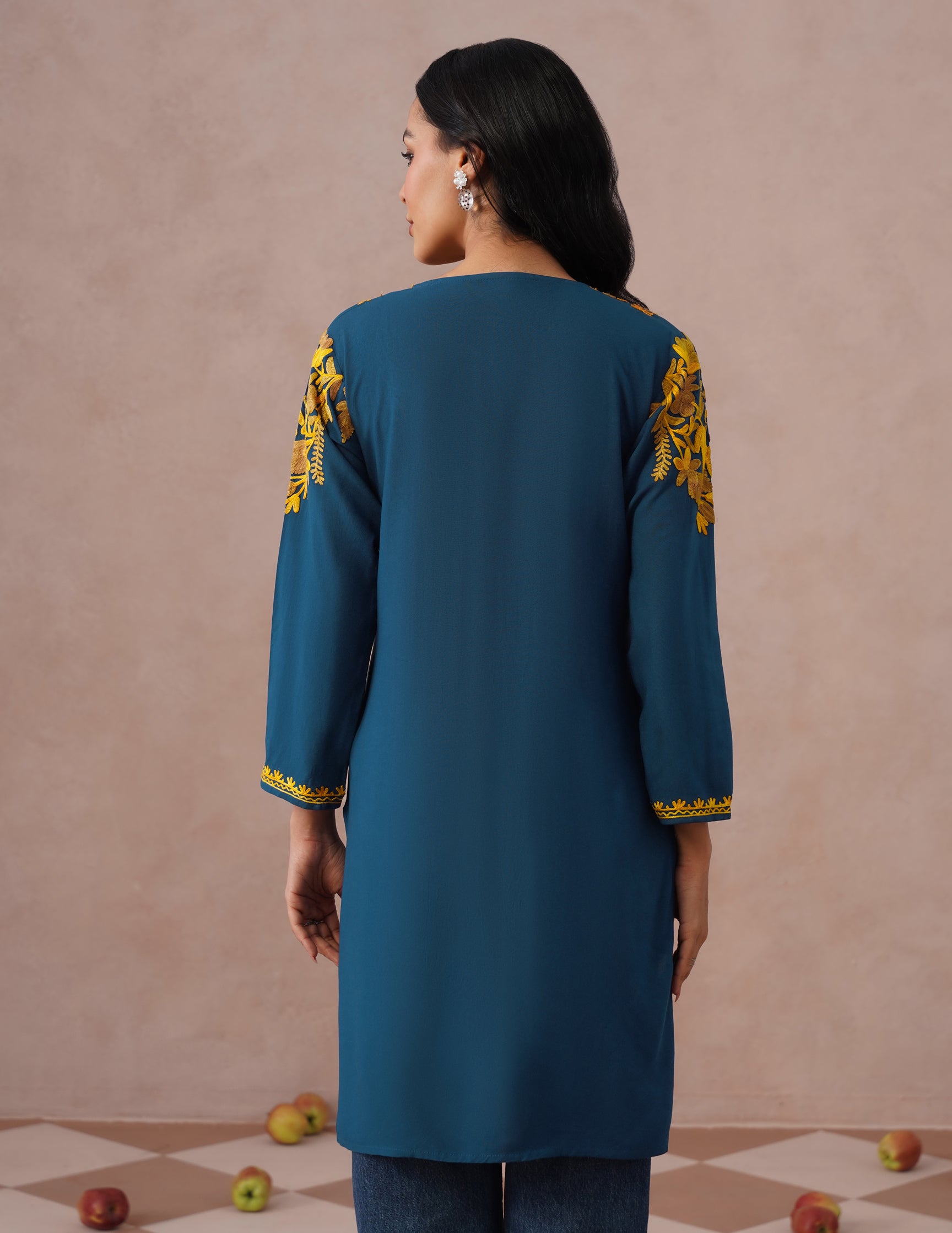 Blue Rayon Kurti – Light Brown & Yellow Earthy Embroidery | Daily Ethnic Wear - Kashmir Box