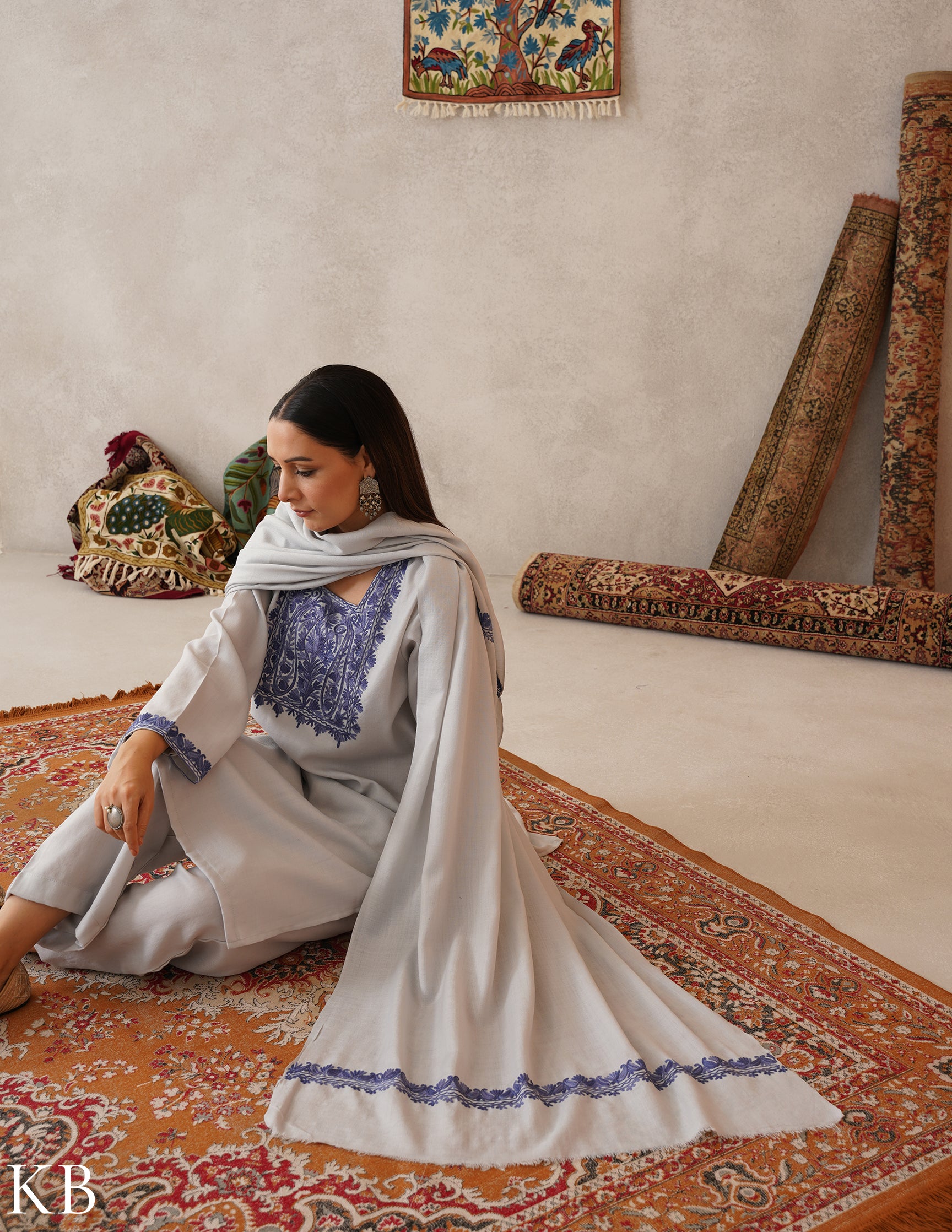 meHER Water Grey Kashmiri Aari Woollen Co-ord Set - Kashmir Box