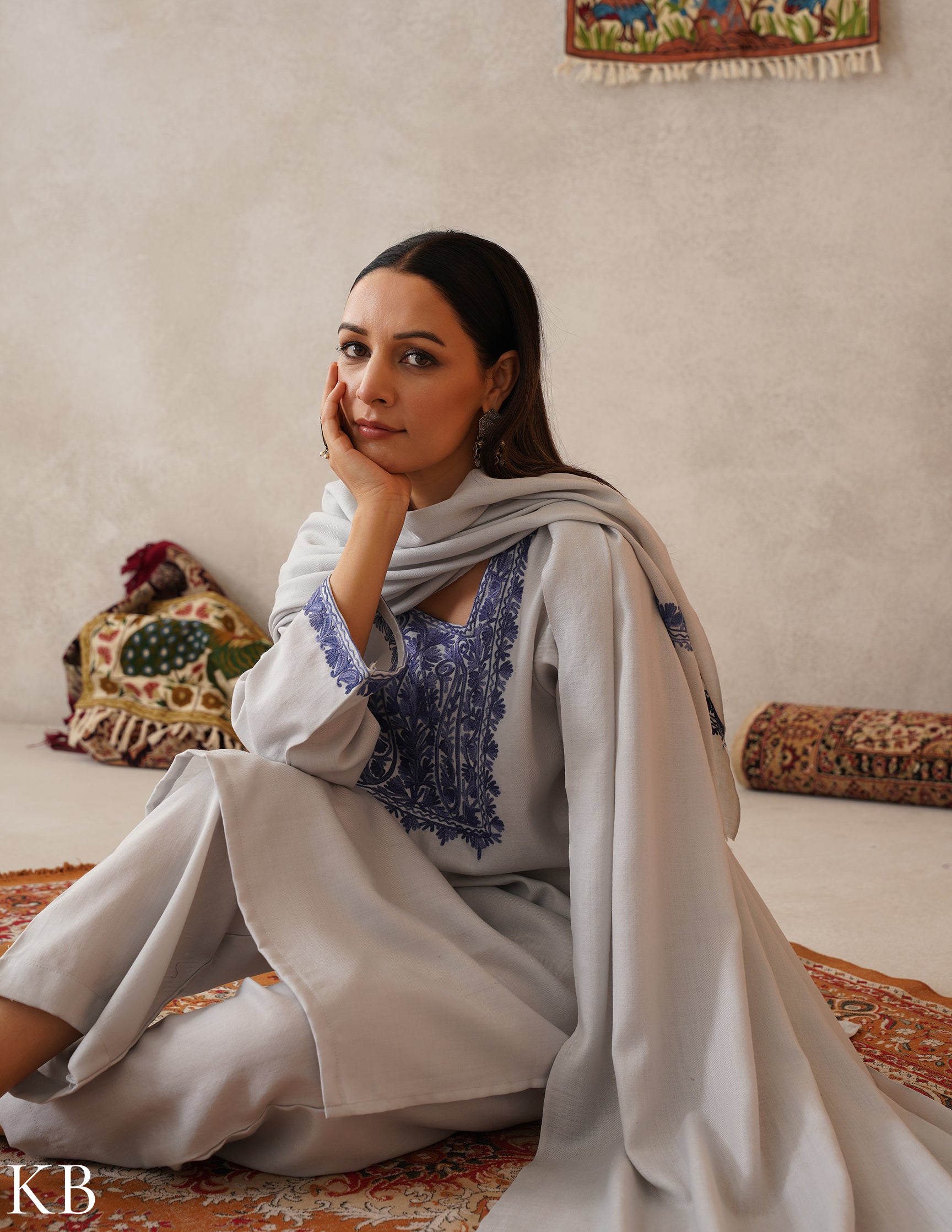 meHER Water Grey Kashmiri Aari Woollen Co-ord Set - Kashmir Box