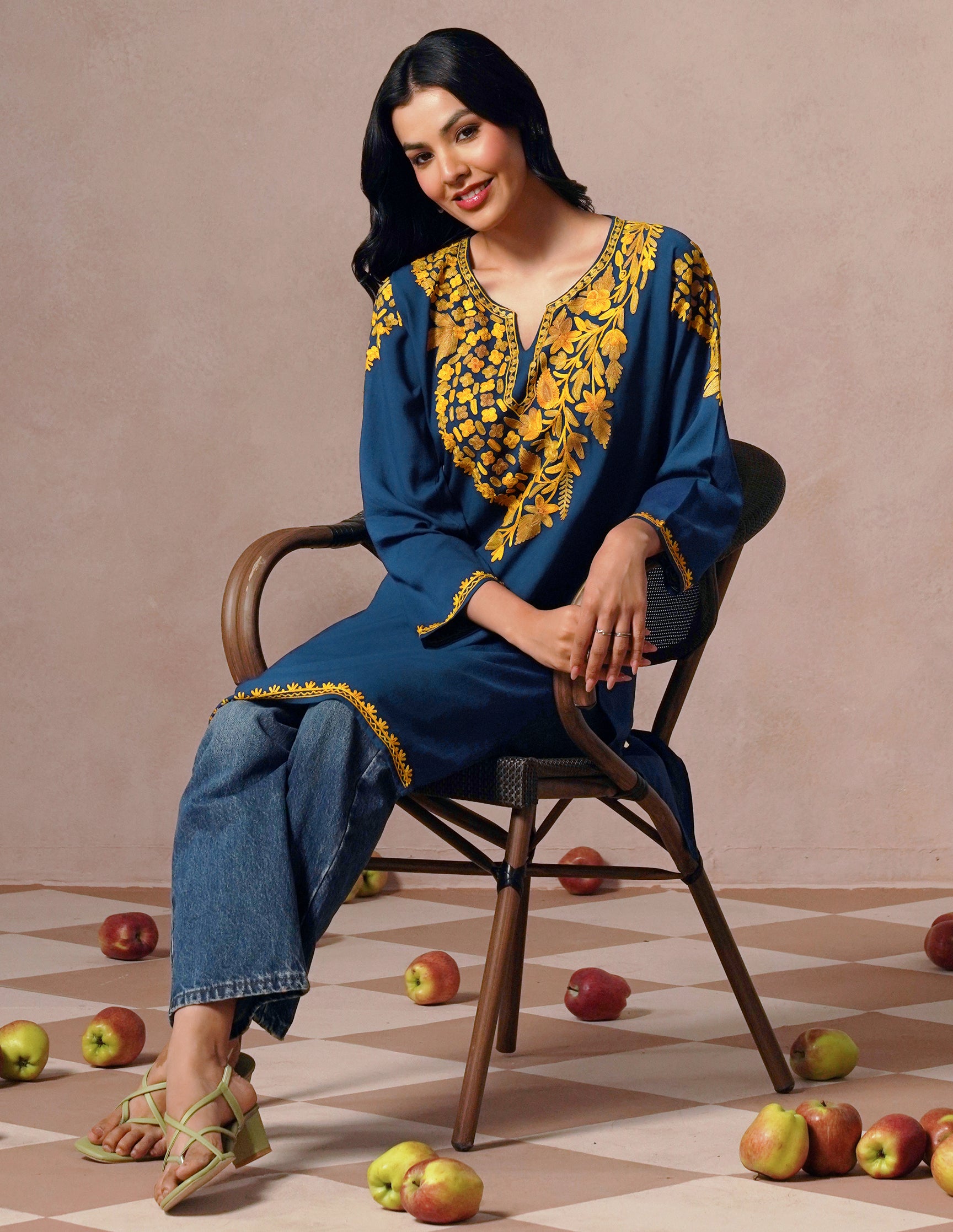 Blue Rayon Kurti – Light Brown & Yellow Earthy Embroidery | Daily Ethnic Wear - Kashmir Box