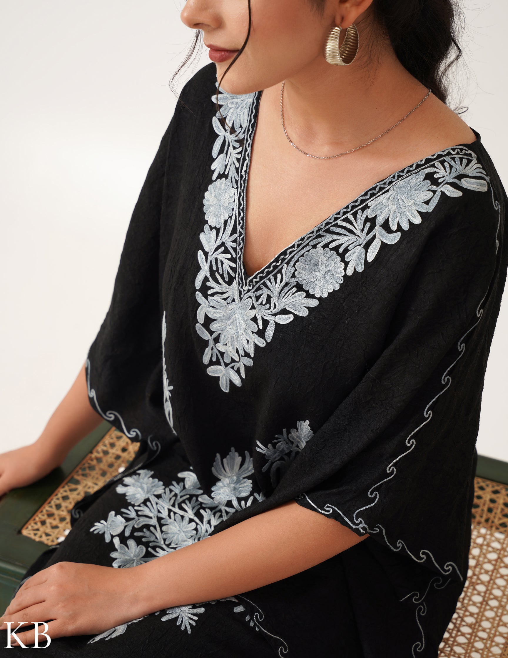 Ash Aari Embroidery on Black Crushed Cotton Short Kaftan - Kashmir Box