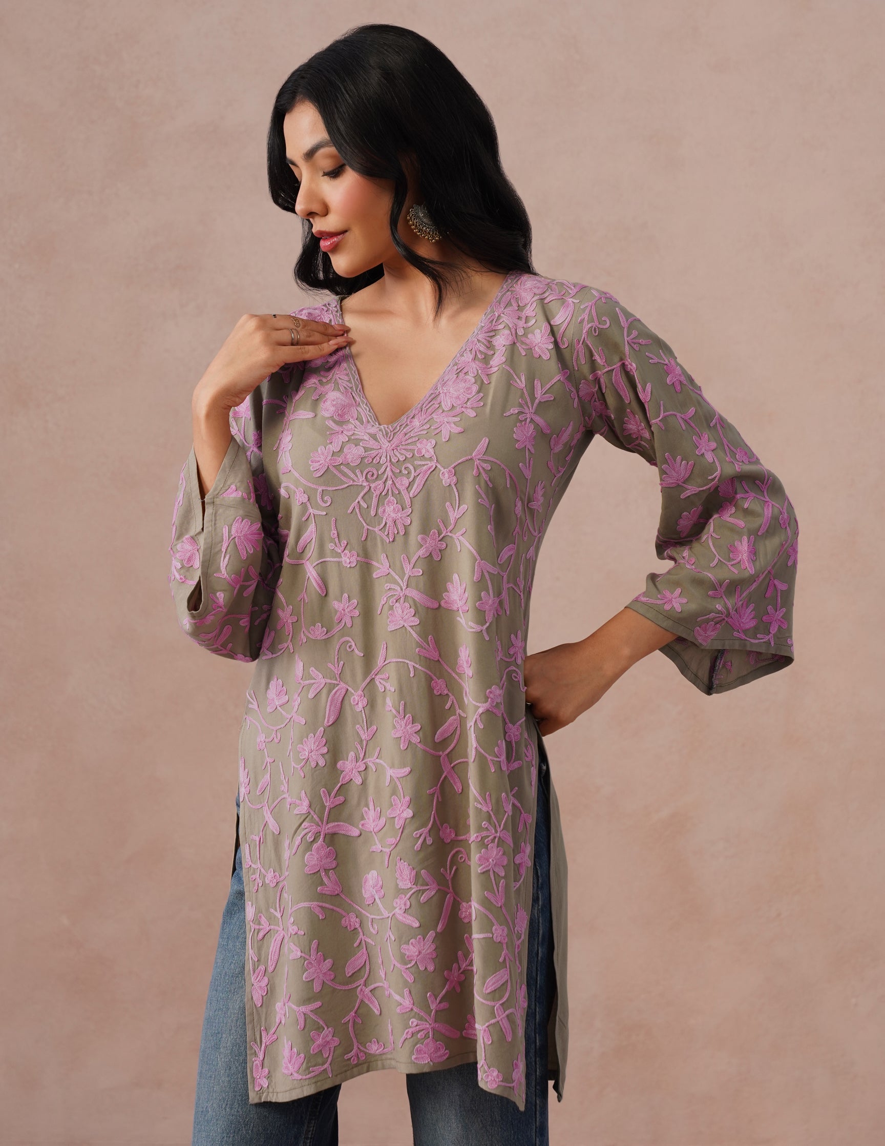 Mouse Grey Rayon Kurti – Pink Aari Embroidery | Office & Casual Ethnic Wear - Kashmir Box