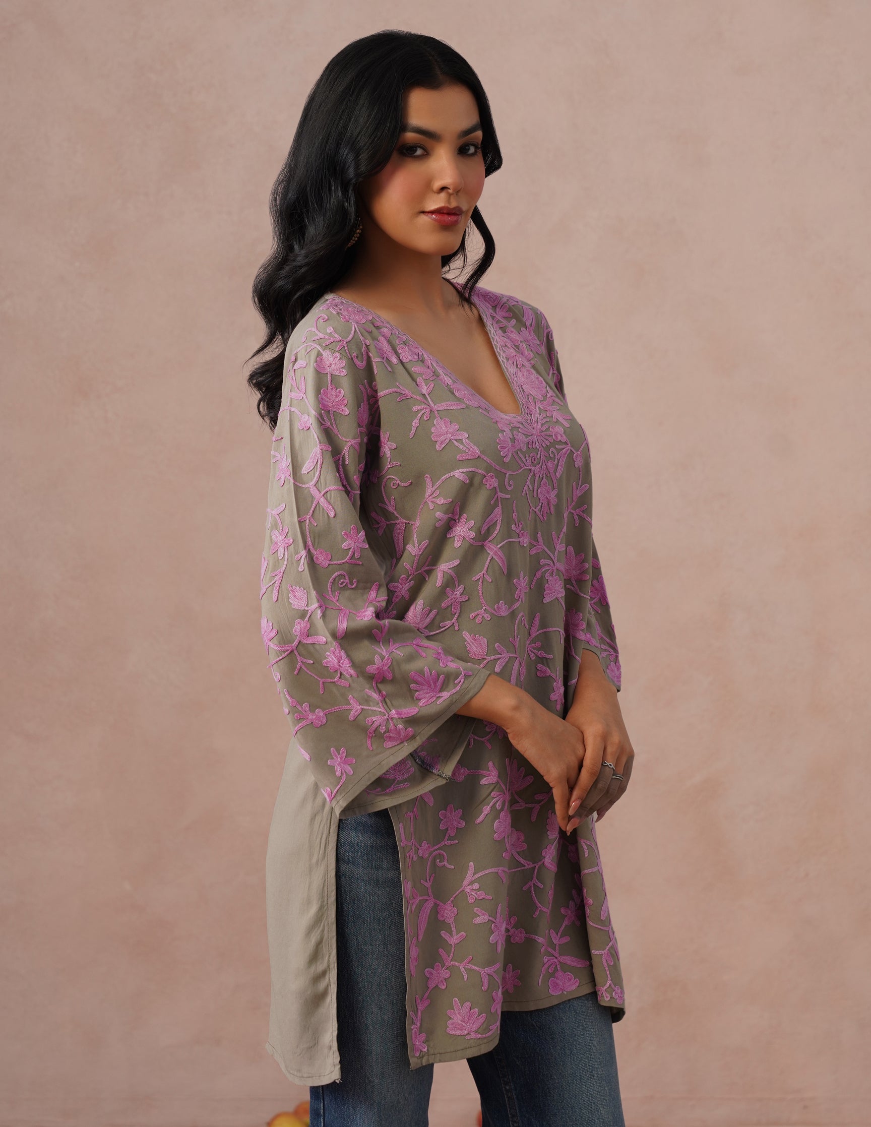 Mouse Grey Rayon Kurti – Pink Aari Embroidery | Office & Casual Ethnic Wear - Kashmir Box