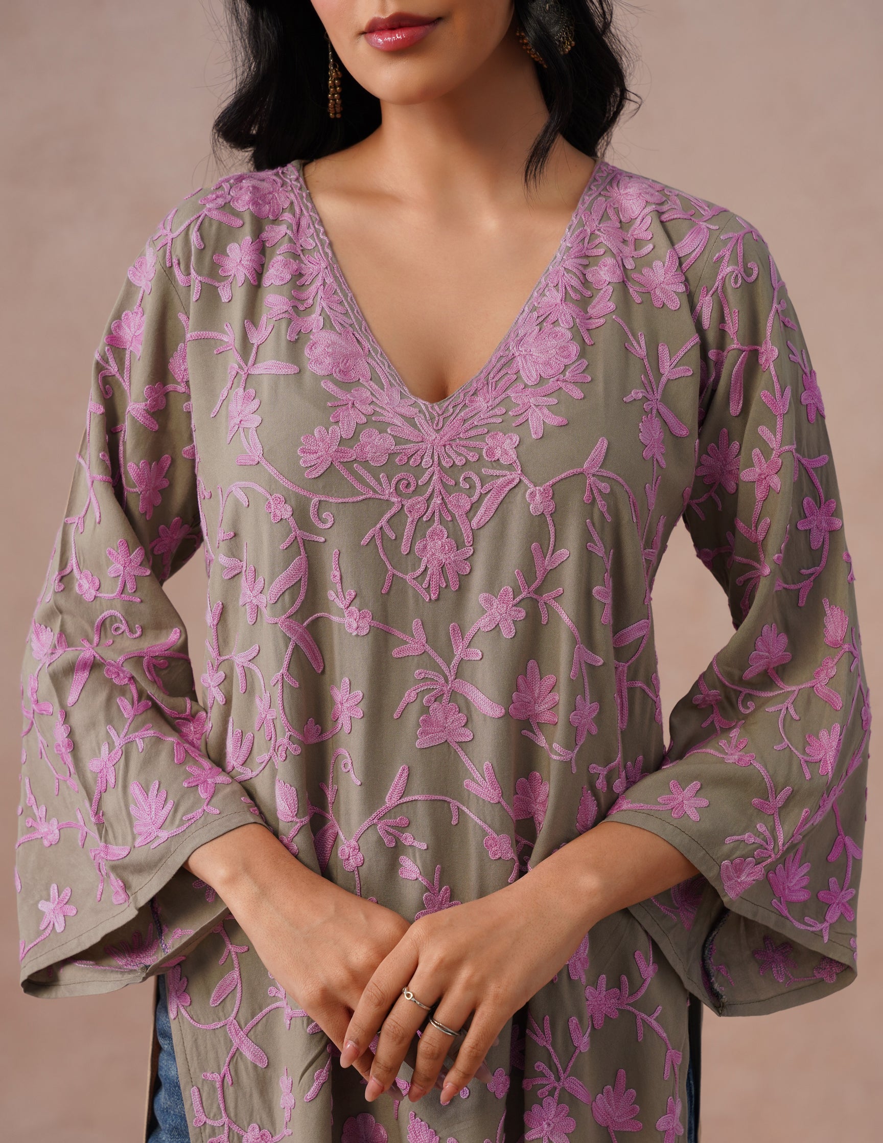Mouse Grey Rayon Kurti – Pink Aari Embroidery | Office & Casual Ethnic Wear - Kashmir Box