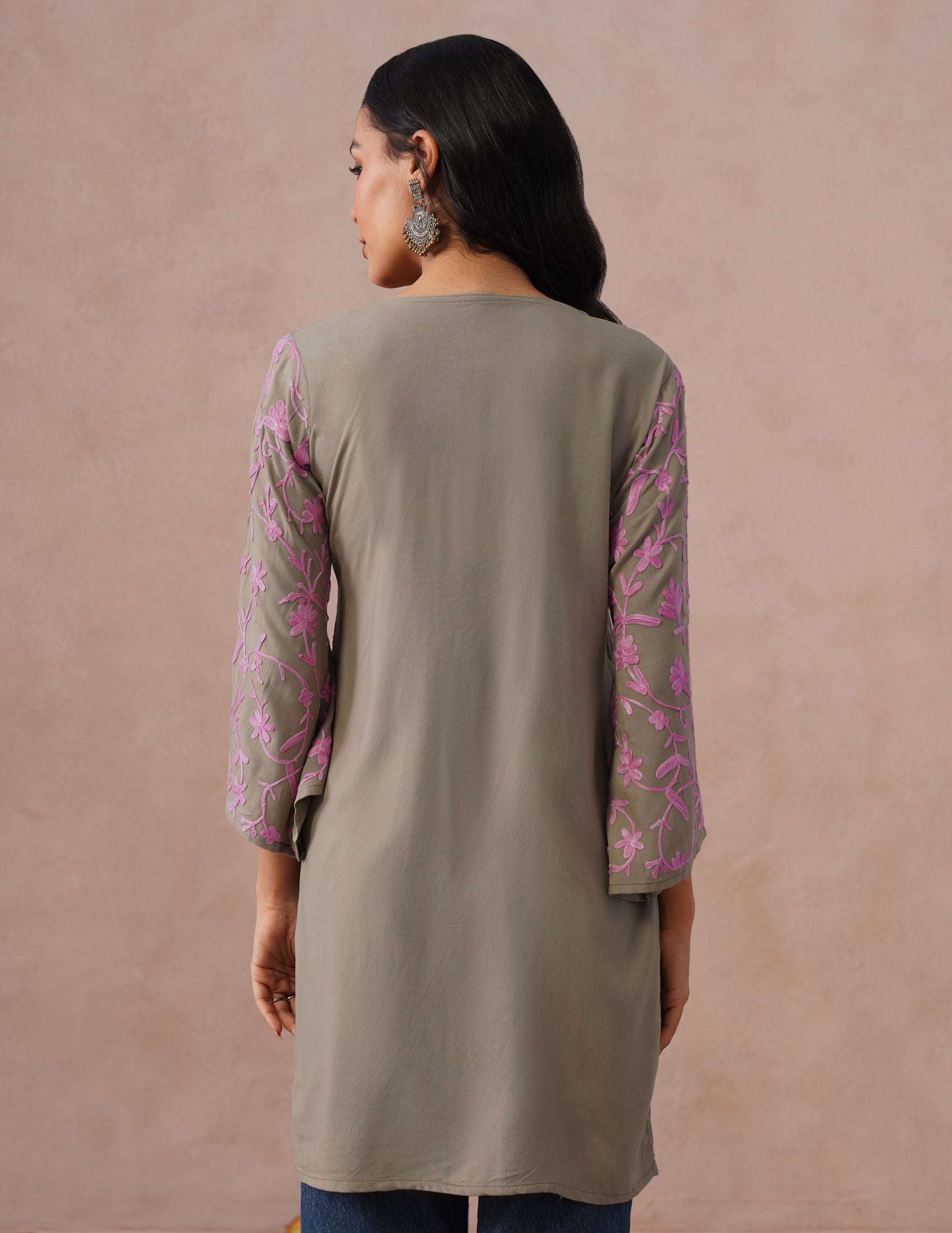 Mouse Grey Rayon Kurti – Pink Aari Embroidery | Office & Casual Ethnic Wear - Kashmir Box