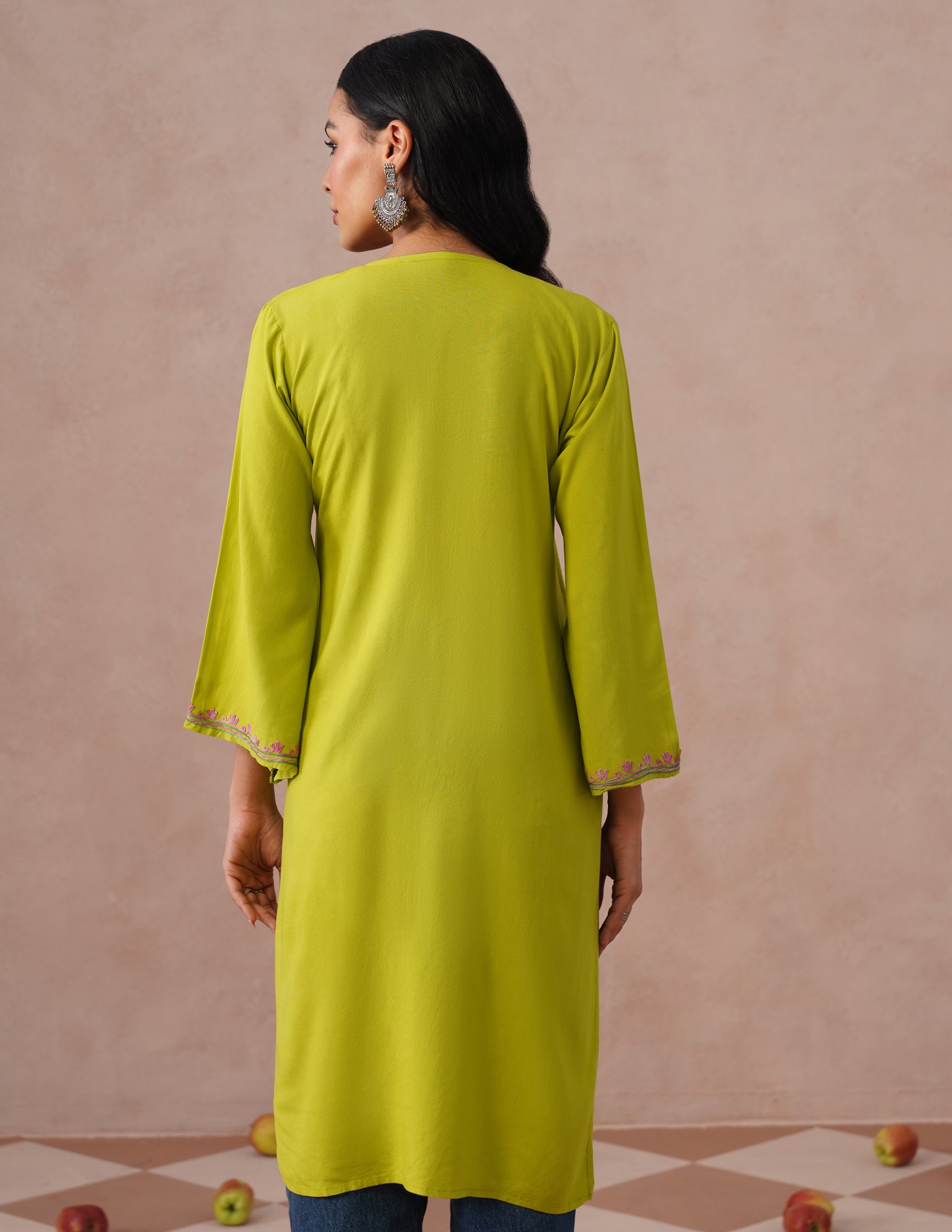 Parrot Green Rayon Kurti – Multicolor Aari Embroidery | Vibrant Casual Ethnic Wear - Kashmir Box