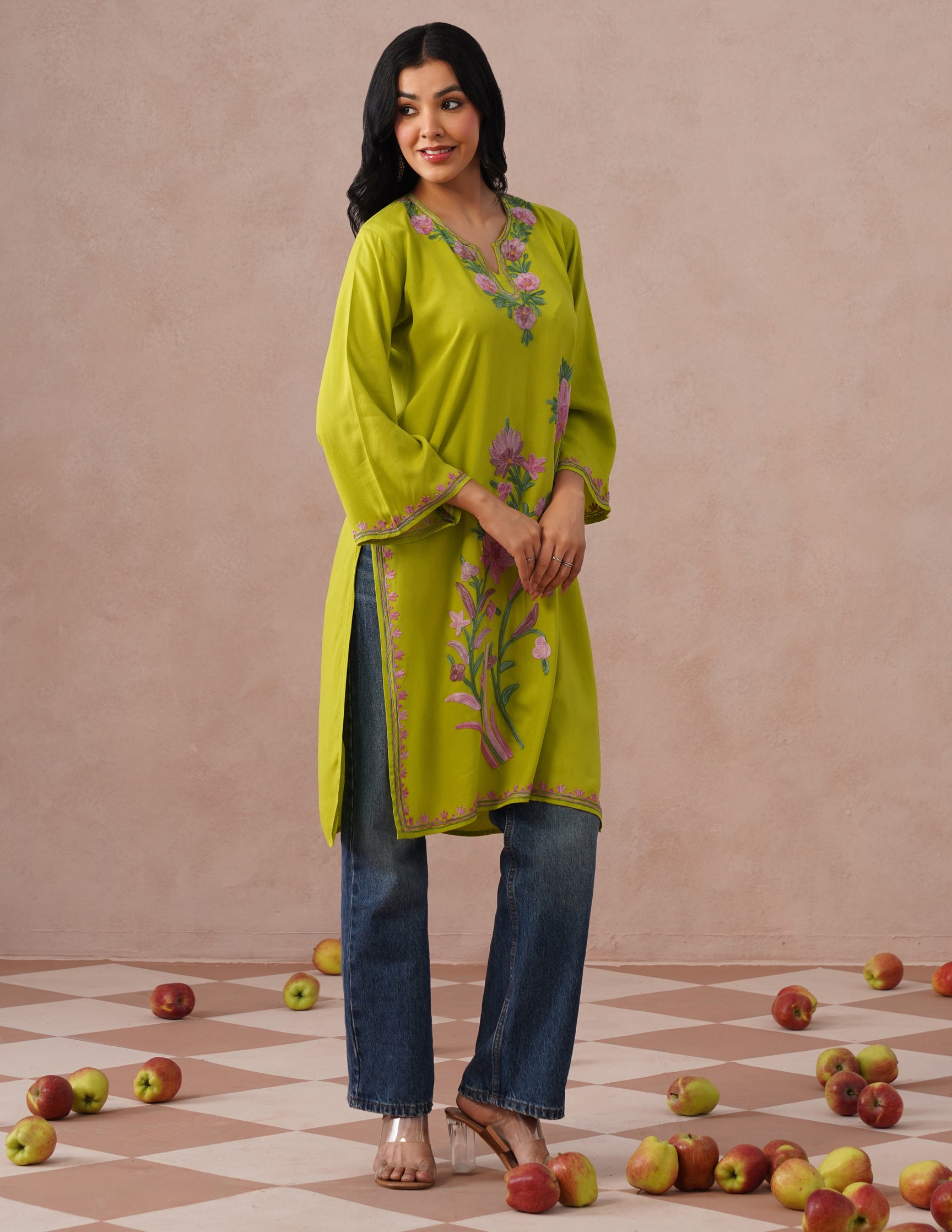 Parrot Green Rayon Kurti – Multicolor Aari Embroidery | Vibrant Casual Ethnic Wear - Kashmir Box