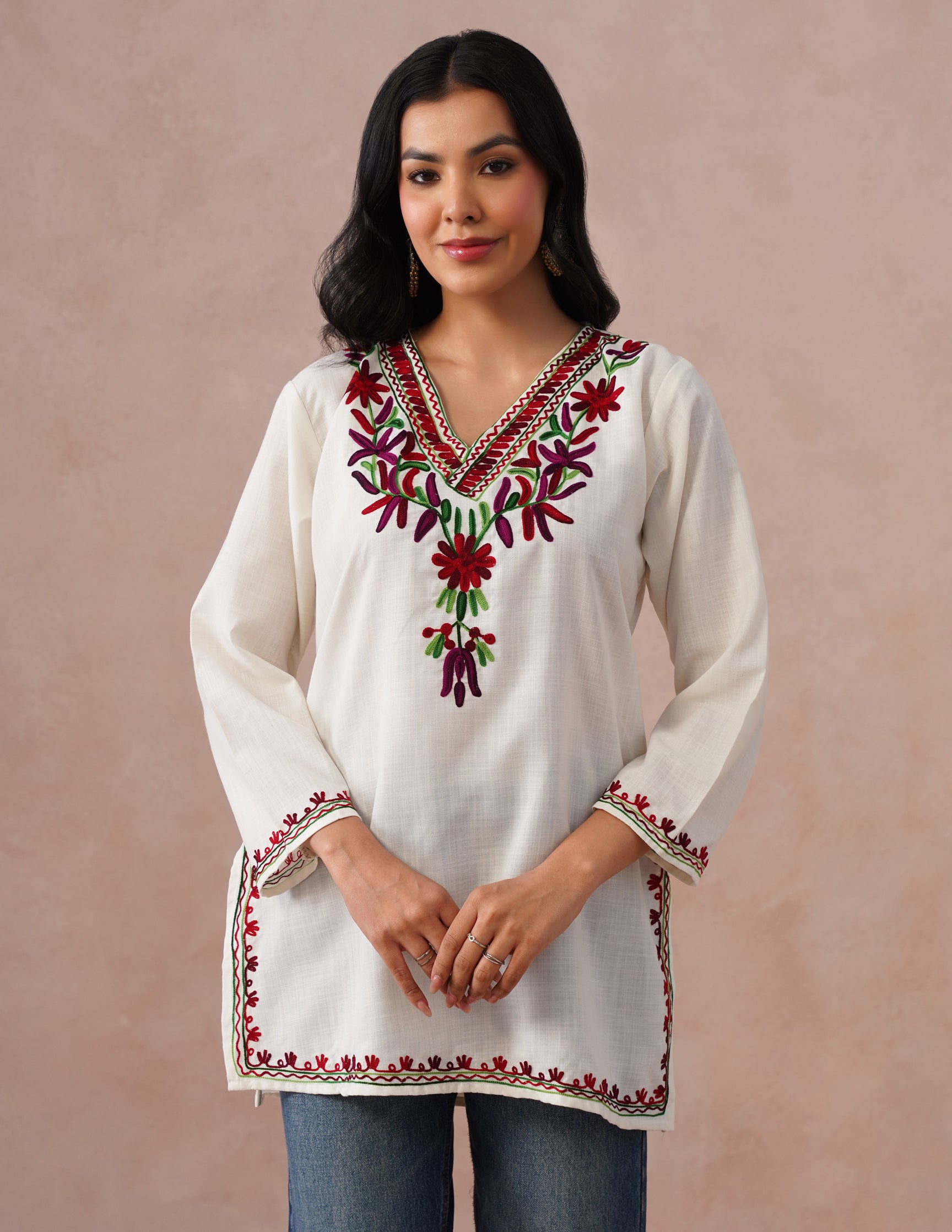 White Cotton Kurti ā Vibrant Multicolor Aari Embroidery | Daily Ethnic Wear - Kashmir Box