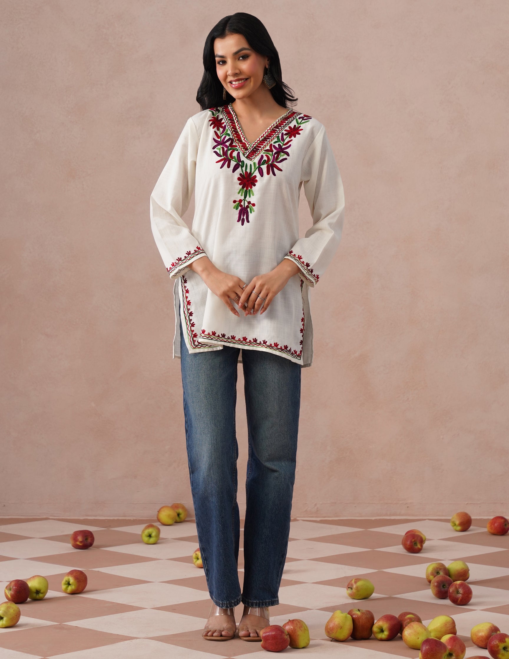 White Cotton Kurti ā Vibrant Multicolor Aari Embroidery | Daily Ethnic Wear - Kashmir Box