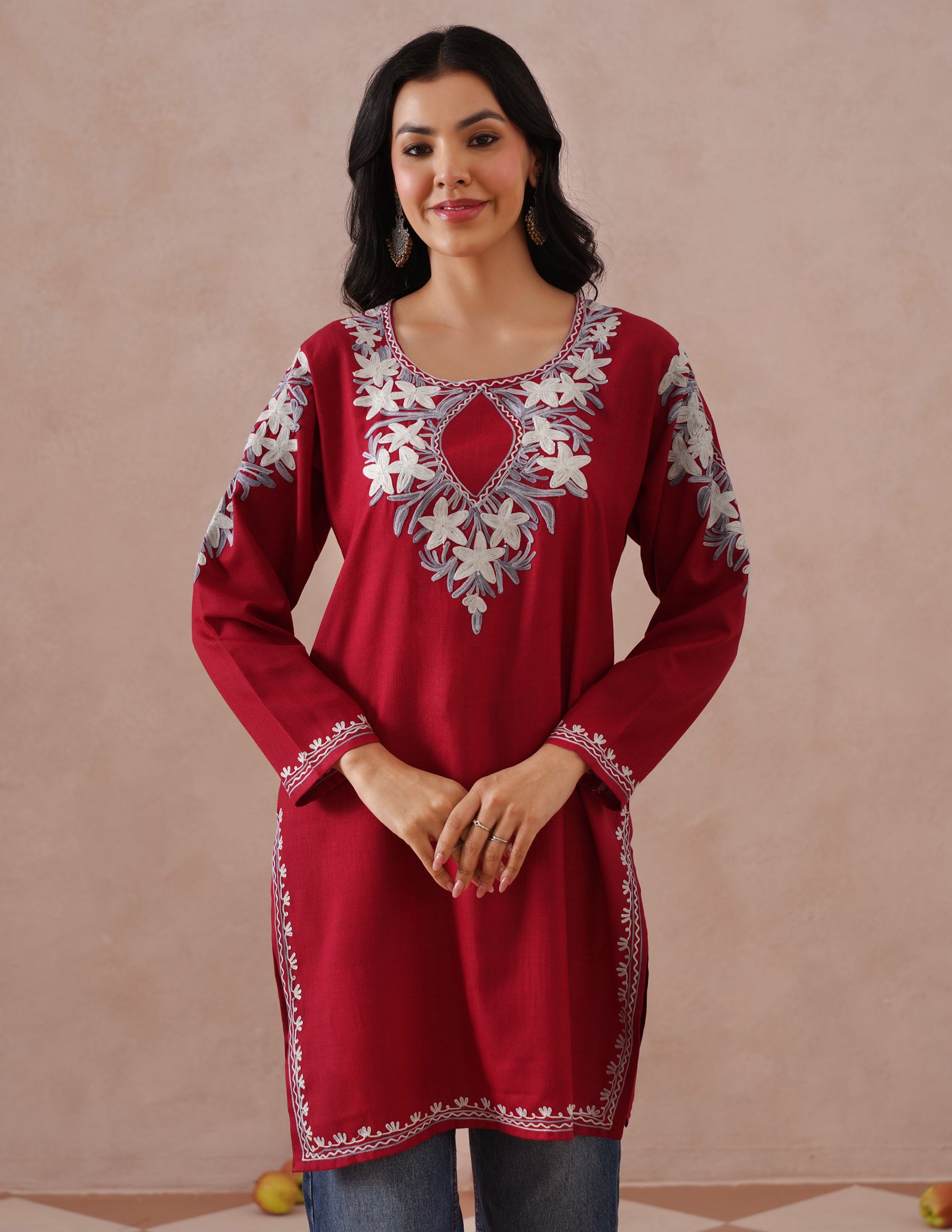 Blush Maroon Cotton Kurti – Grey & White Aari Embroidery | Office Ethnic Wear - Kashmir Box