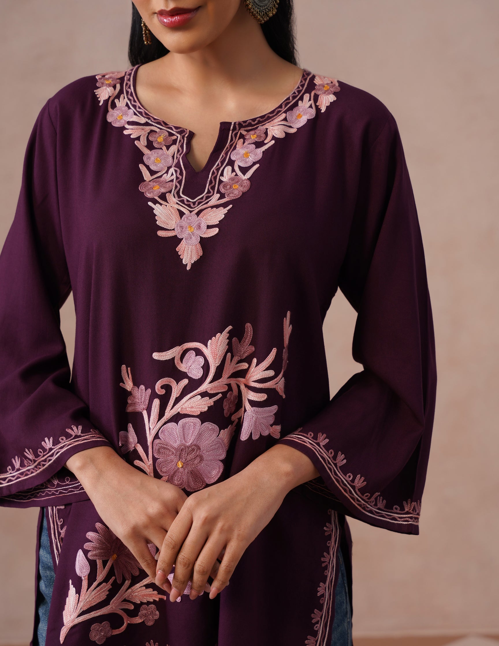Wine Rayon Kurti – Tonal Aari Embroidery | Everyday Ethnic Wear - Kashmir Box