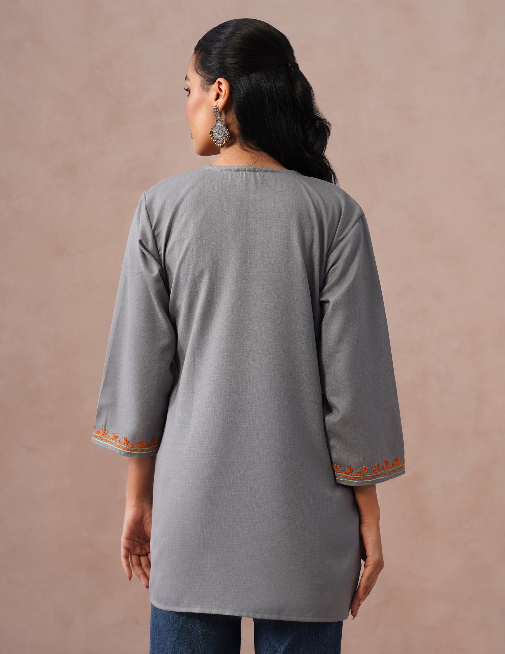 Grey Cotton Kurti – Multicolor Aari Embroidery | Office & Casual Ethnic Wear - Kashmir Box