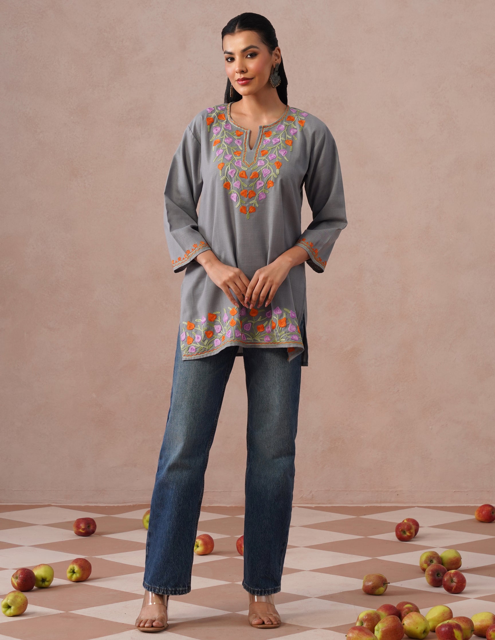 Grey Cotton Kurti – Multicolor Aari Embroidery | Office & Casual Ethnic Wear - Kashmir Box