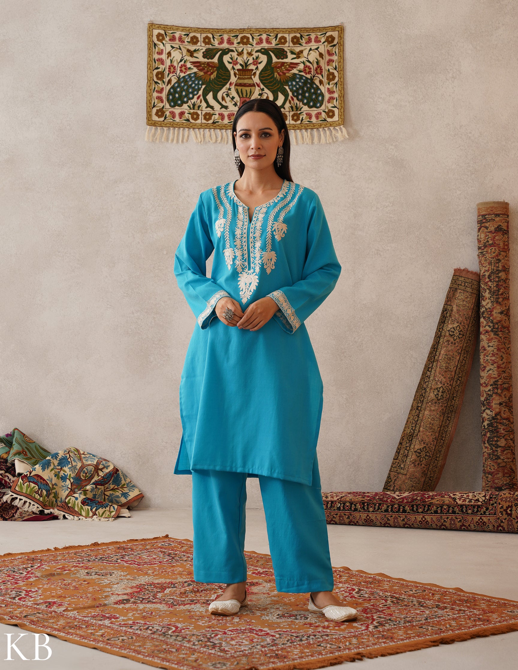 meHER Sky Blue Kashmiri Aari Woollen Co-ord Set - Kashmir Box