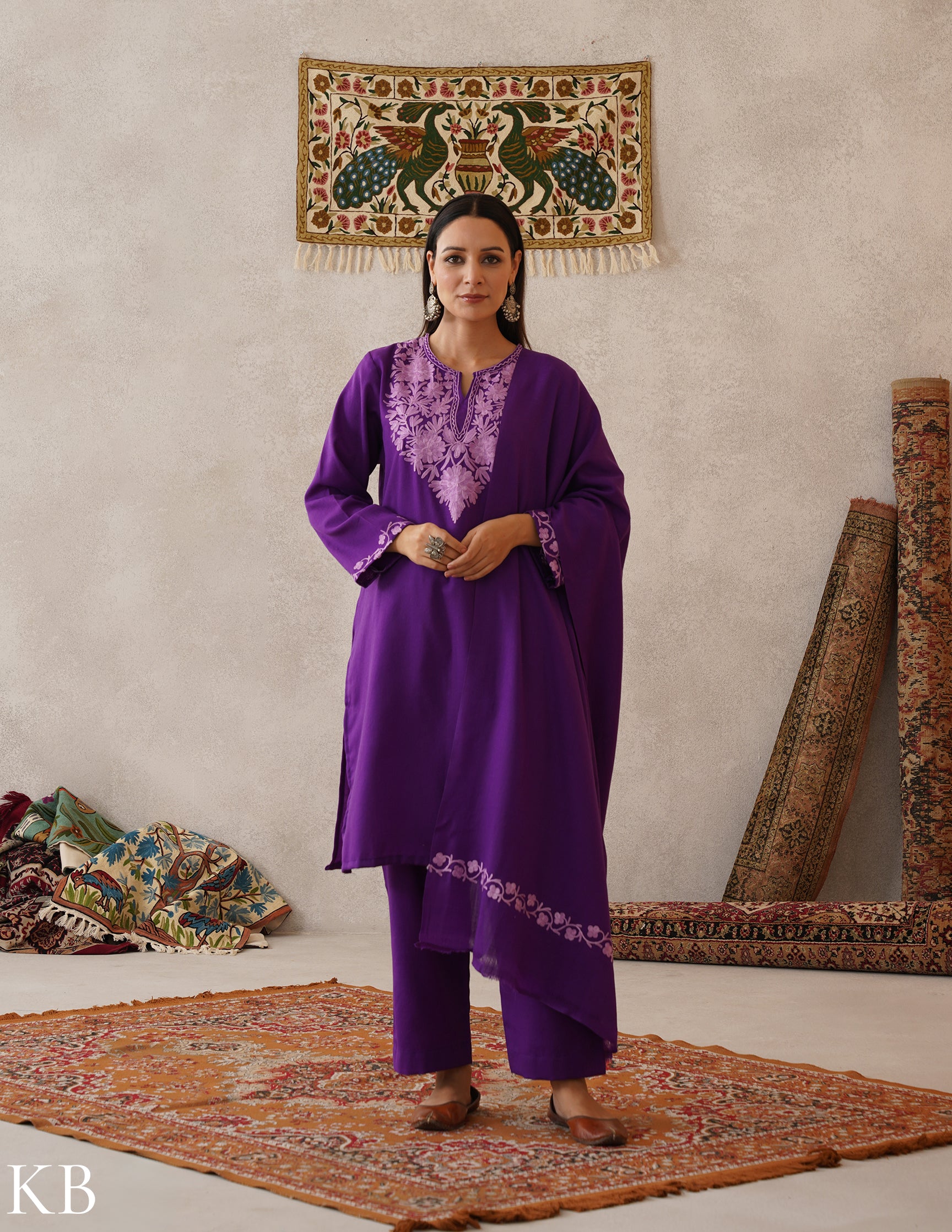 meHER Royal Purple Kashmiri Aari Woollen Co-ord Set - Kashmir Box