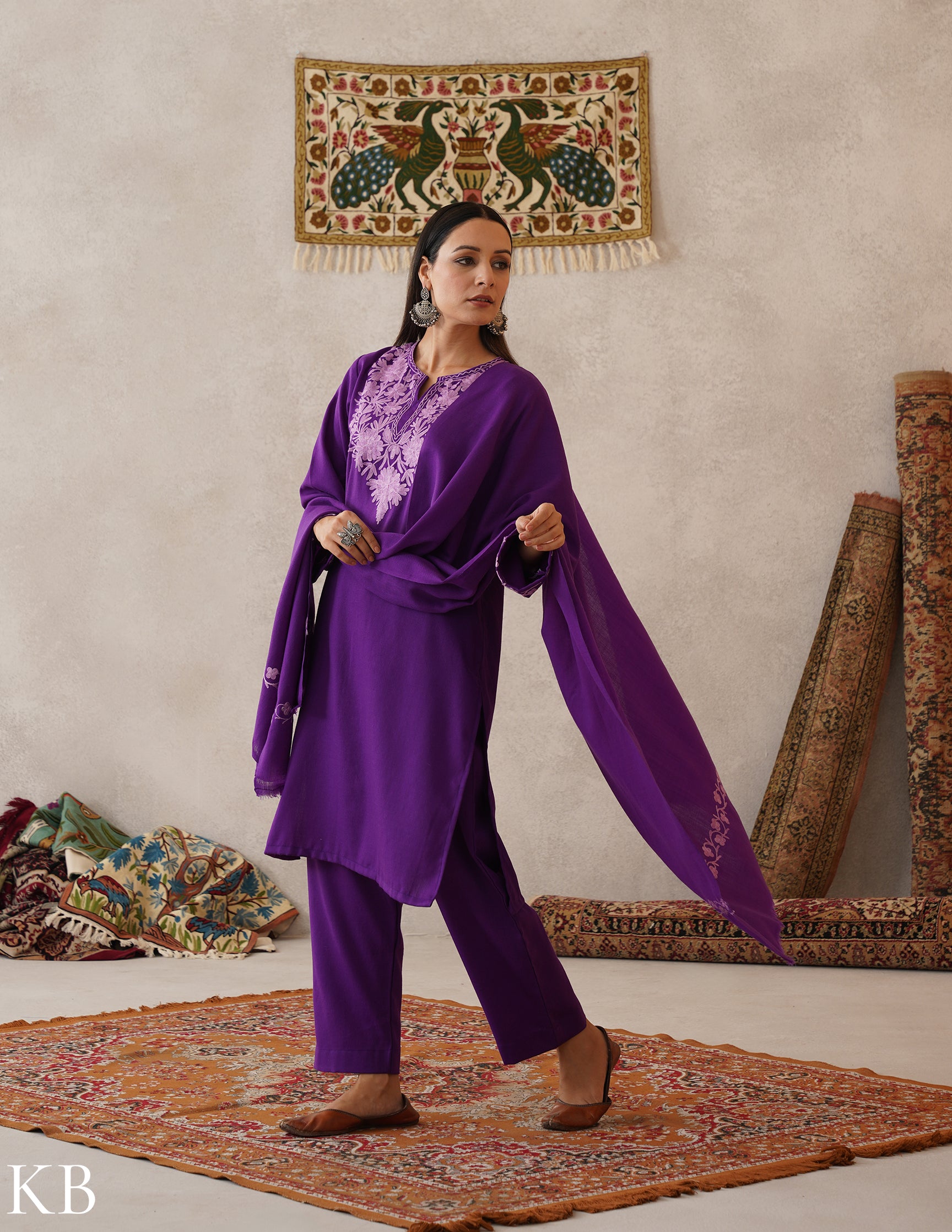 meHER Royal Purple Kashmiri Aari Woollen Co-ord Set - Kashmir Box