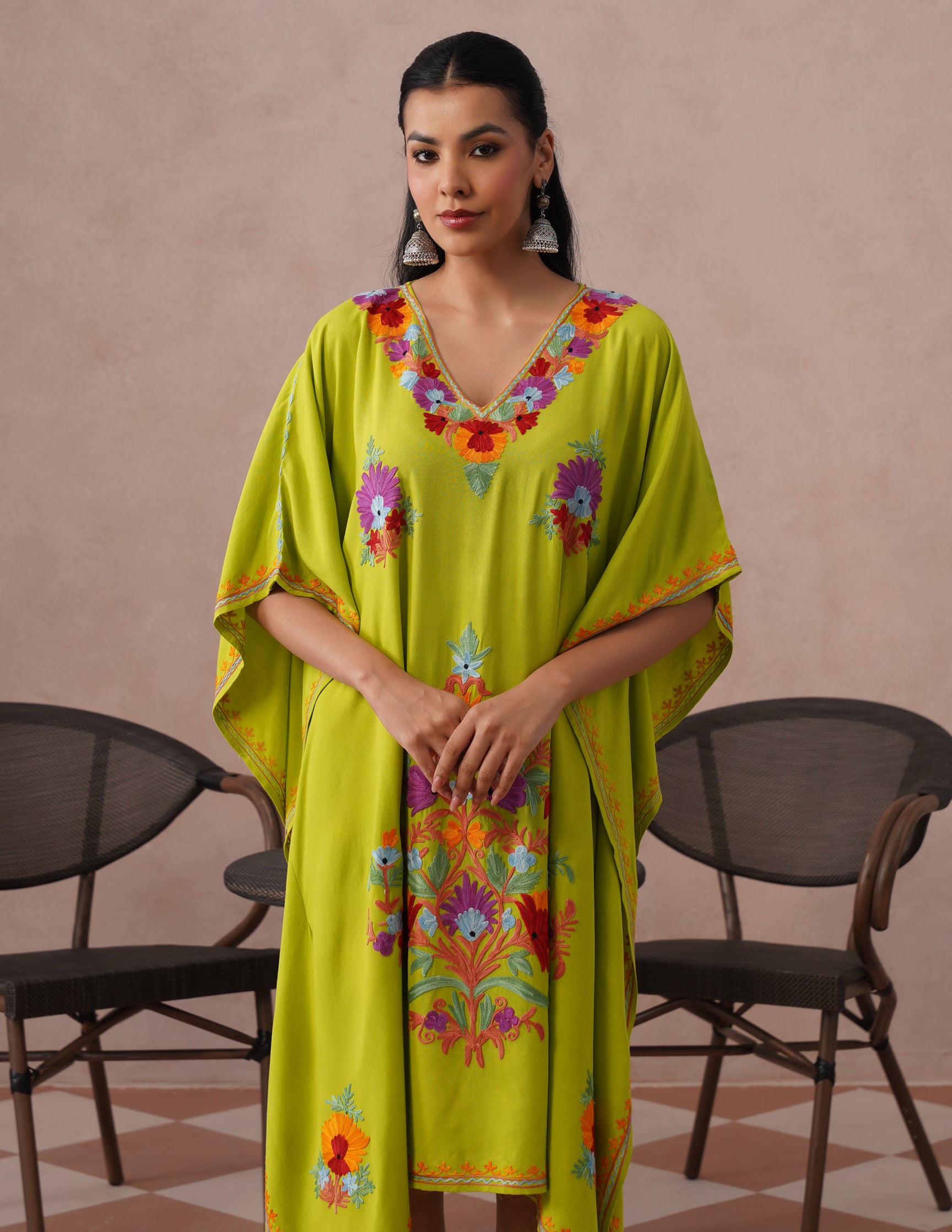 Parrot Green Rayon Kaftan – Multicolor Aari Embroidery | Vibrant Single Piece Wear - Kashmir Box