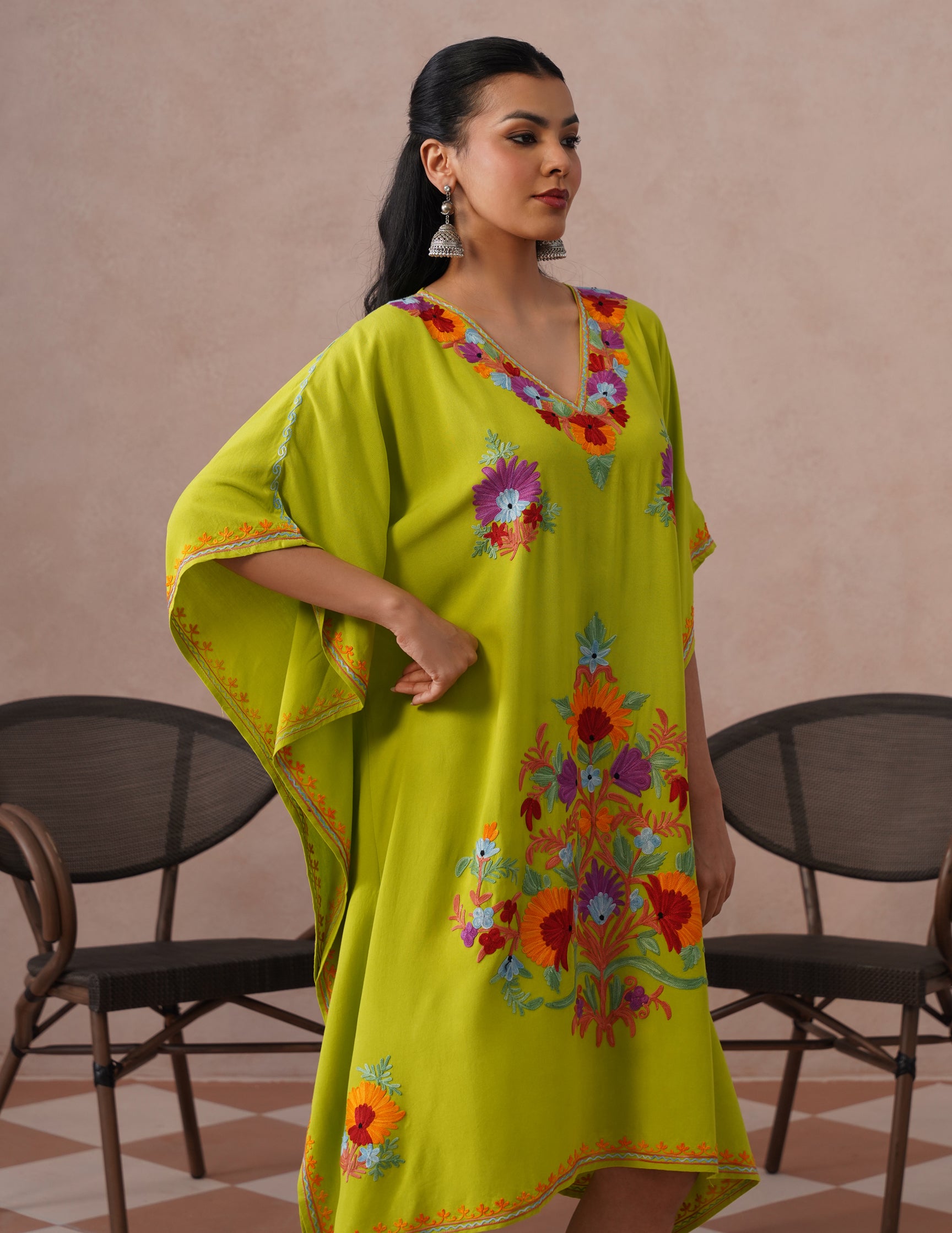 Parrot Green Rayon Kaftan – Multicolor Aari Embroidery | Vibrant Single Piece Wear - Kashmir Box