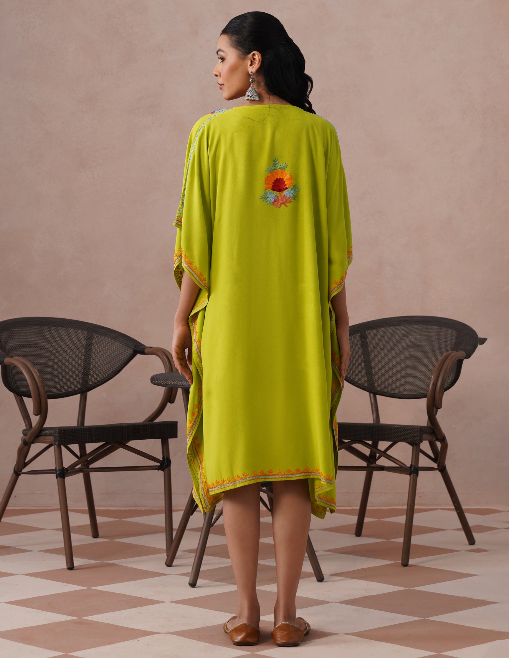 Parrot Green Rayon Kaftan – Multicolor Aari Embroidery | Vibrant Single Piece Wear - Kashmir Box