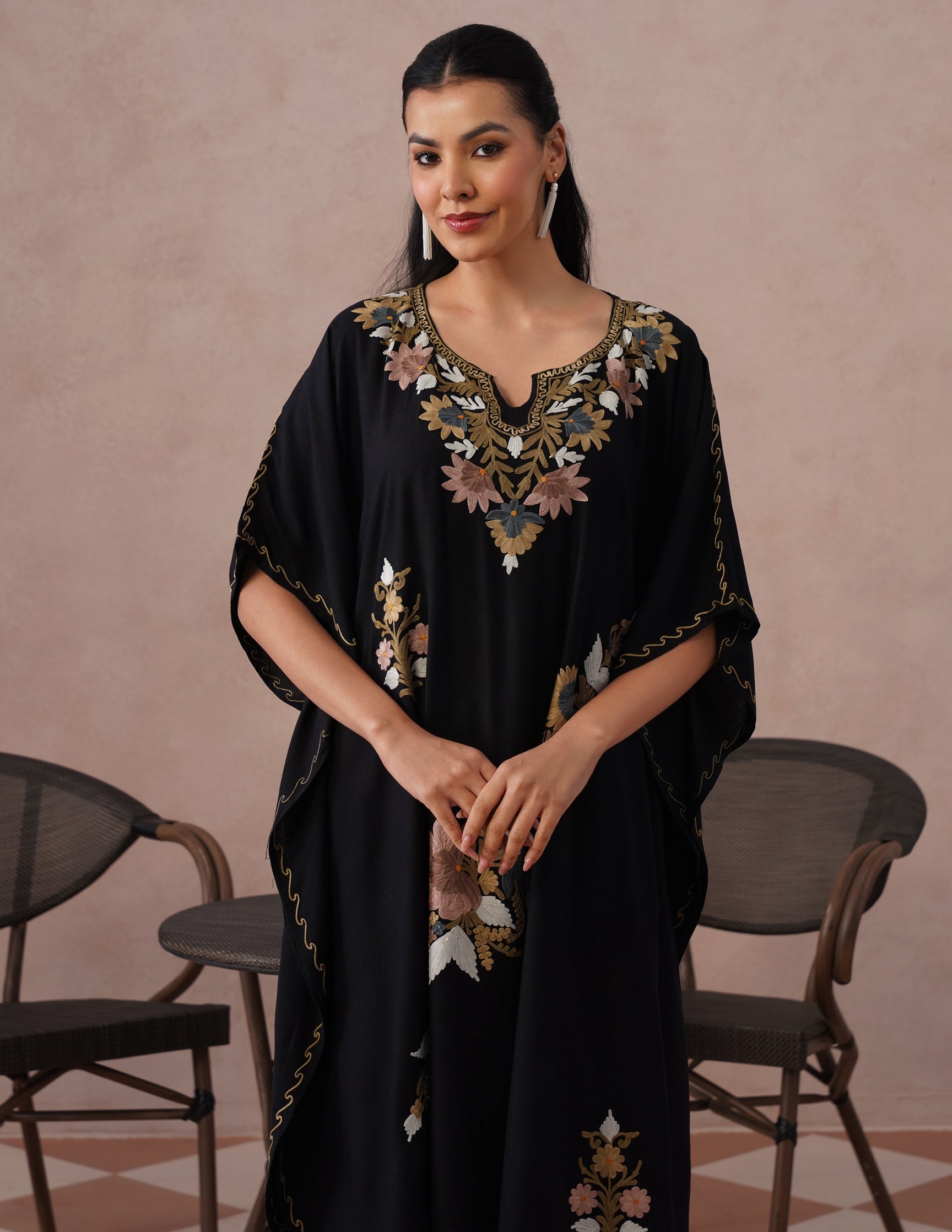 Black Rayon Kaftan – Multicolor Embroidery | All-Purpose Comfort Ethnic Wear - Kashmir Box