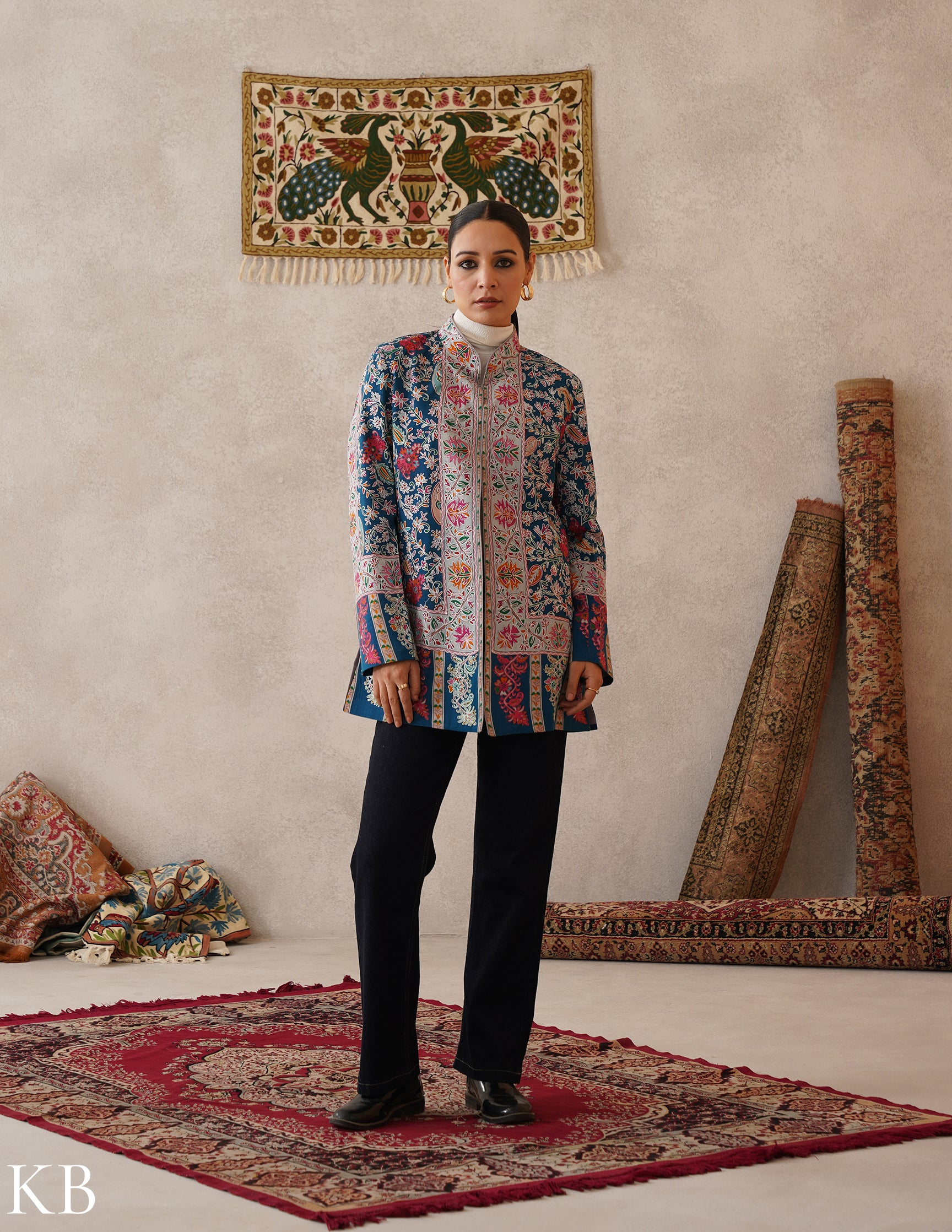 Nayaab Regal Blue Kashmiri Kalamkari Sozni Outlined Fine Wool Jacket - Kashmir Box