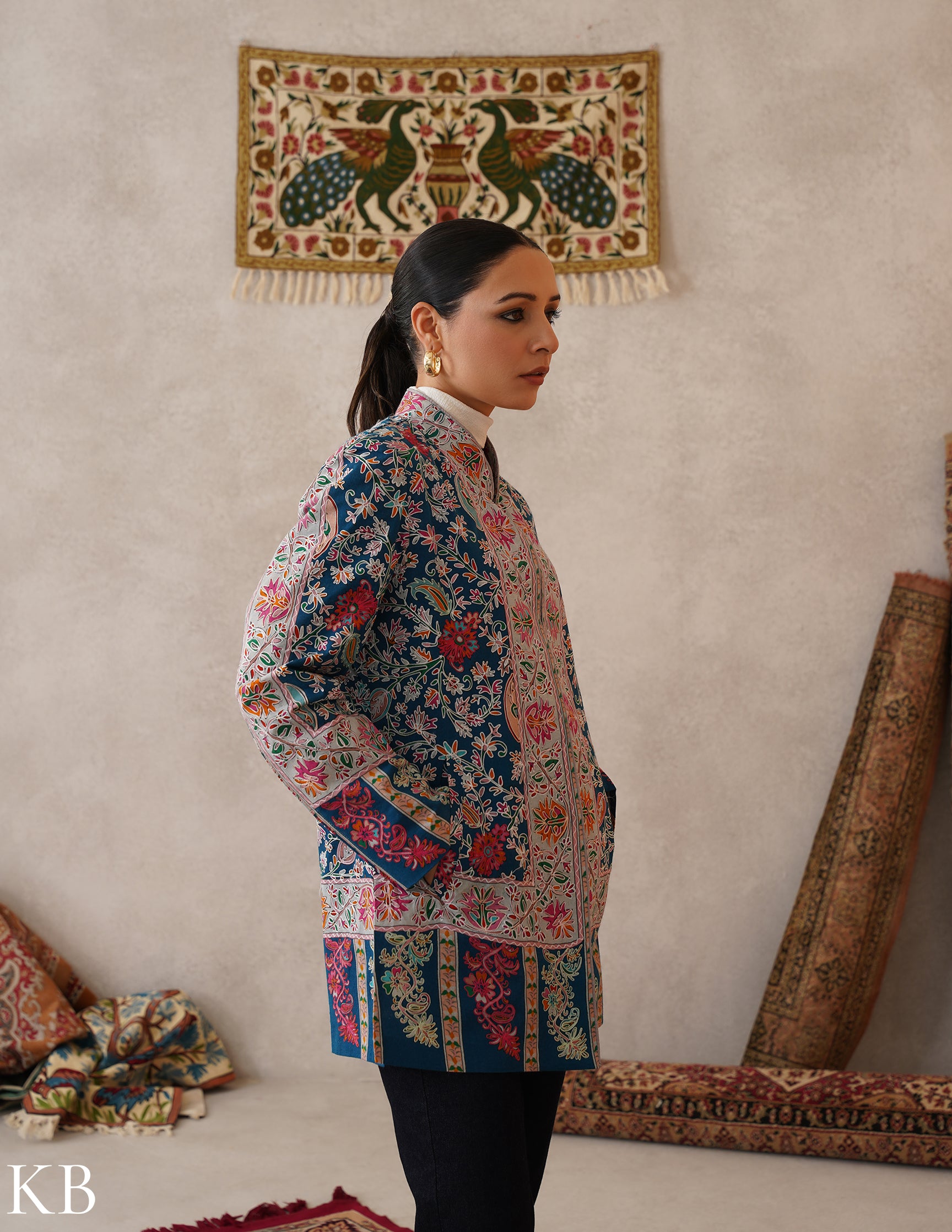 Nayaab Regal Blue Kashmiri Kalamkari Sozni Outlined Fine Wool Jacket - Kashmir Box