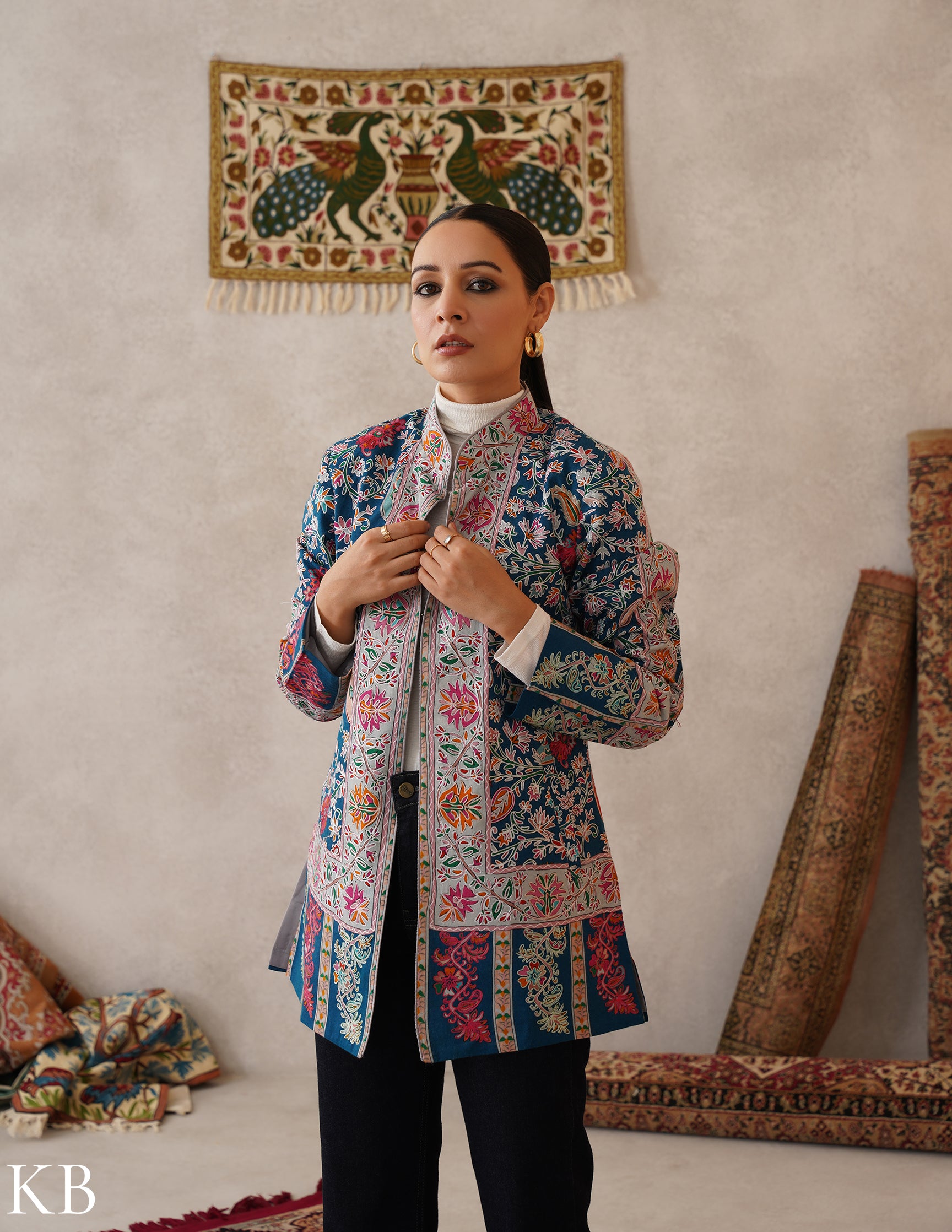 Nayaab Regal Blue Kashmiri Kalamkari Sozni Outlined Fine Wool Jacket - Kashmir Box