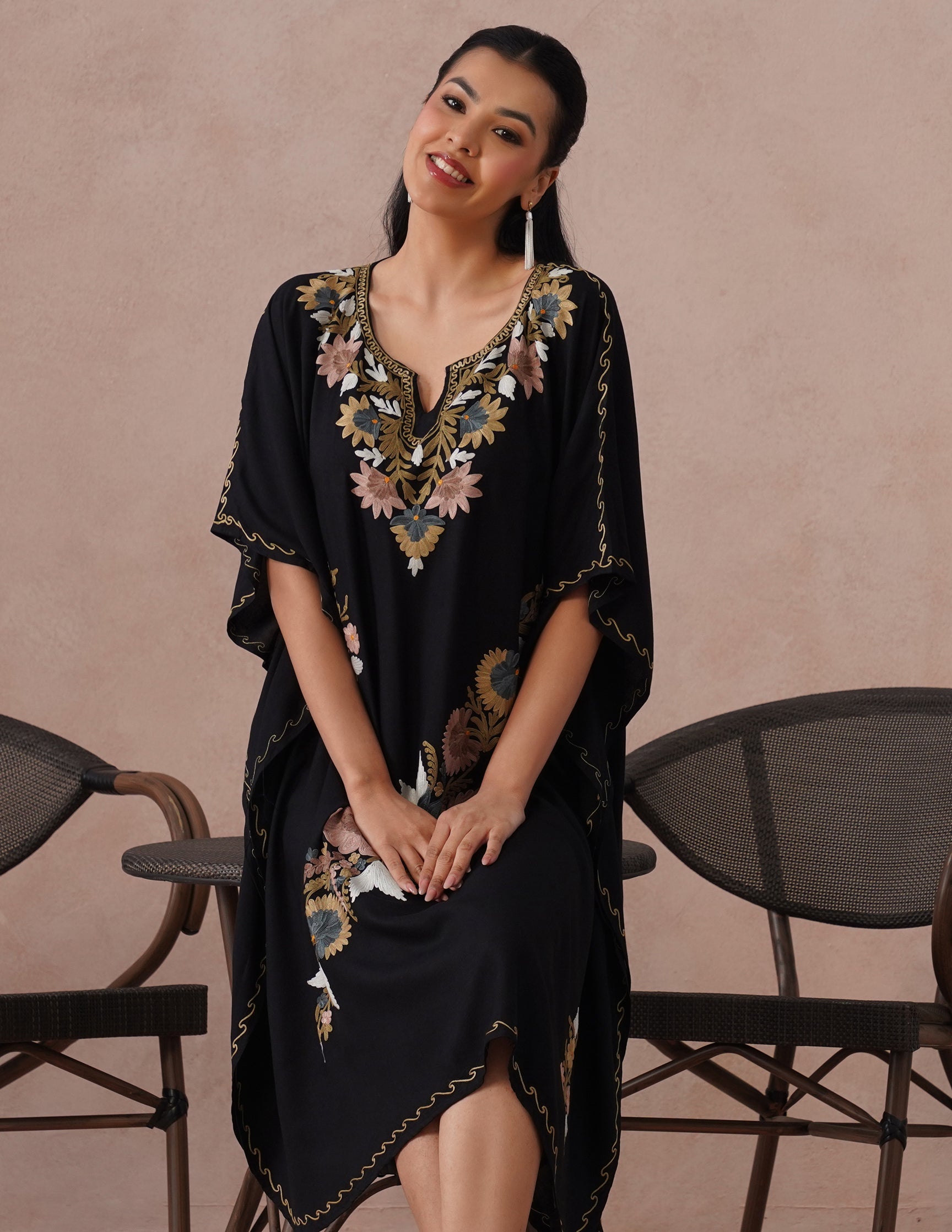 Black Rayon Kaftan – Multicolor Embroidery | All-Purpose Comfort Ethnic Wear - Kashmir Box