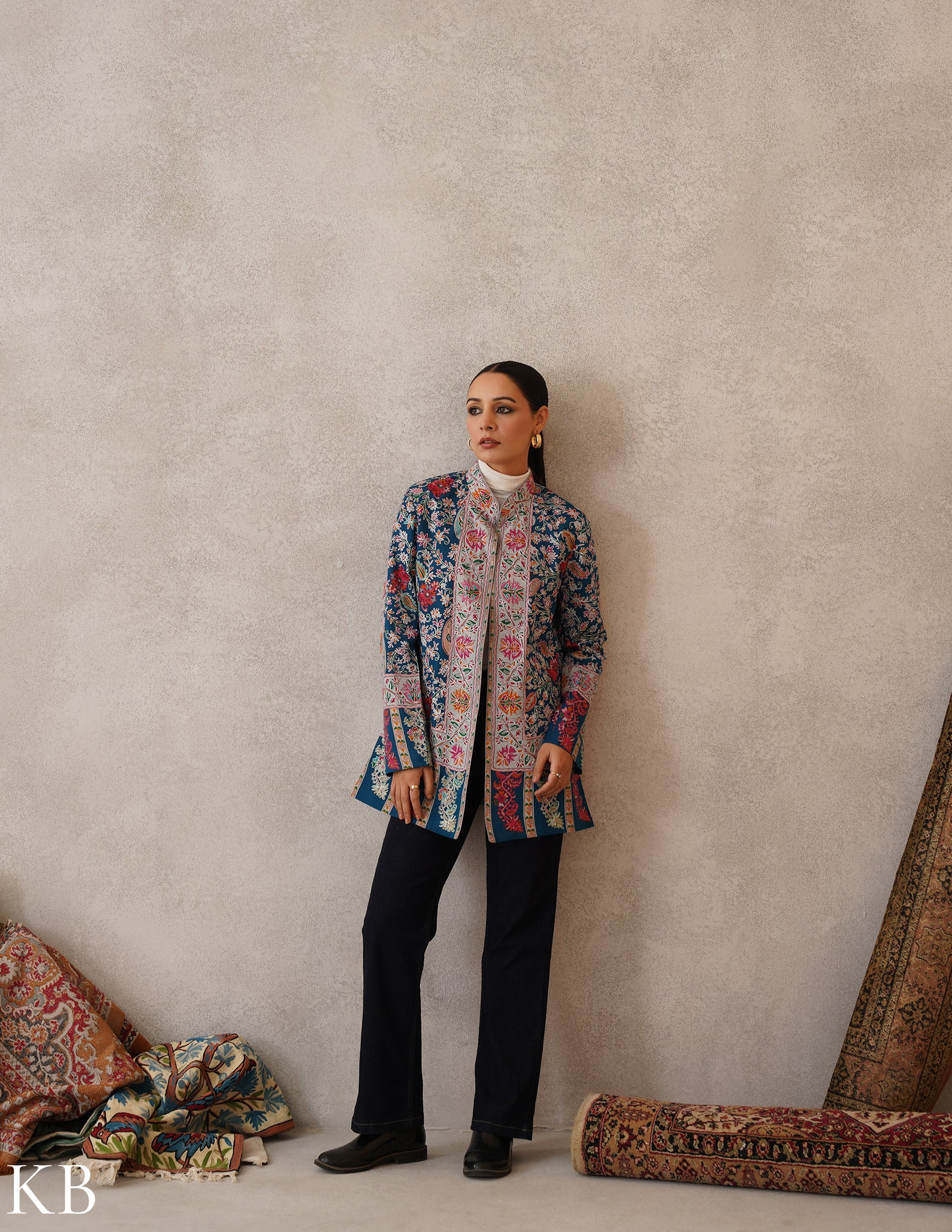 Nayaab Regal Blue Kashmiri Kalamkari Sozni Outlined Fine Wool Jacket - Kashmir Box