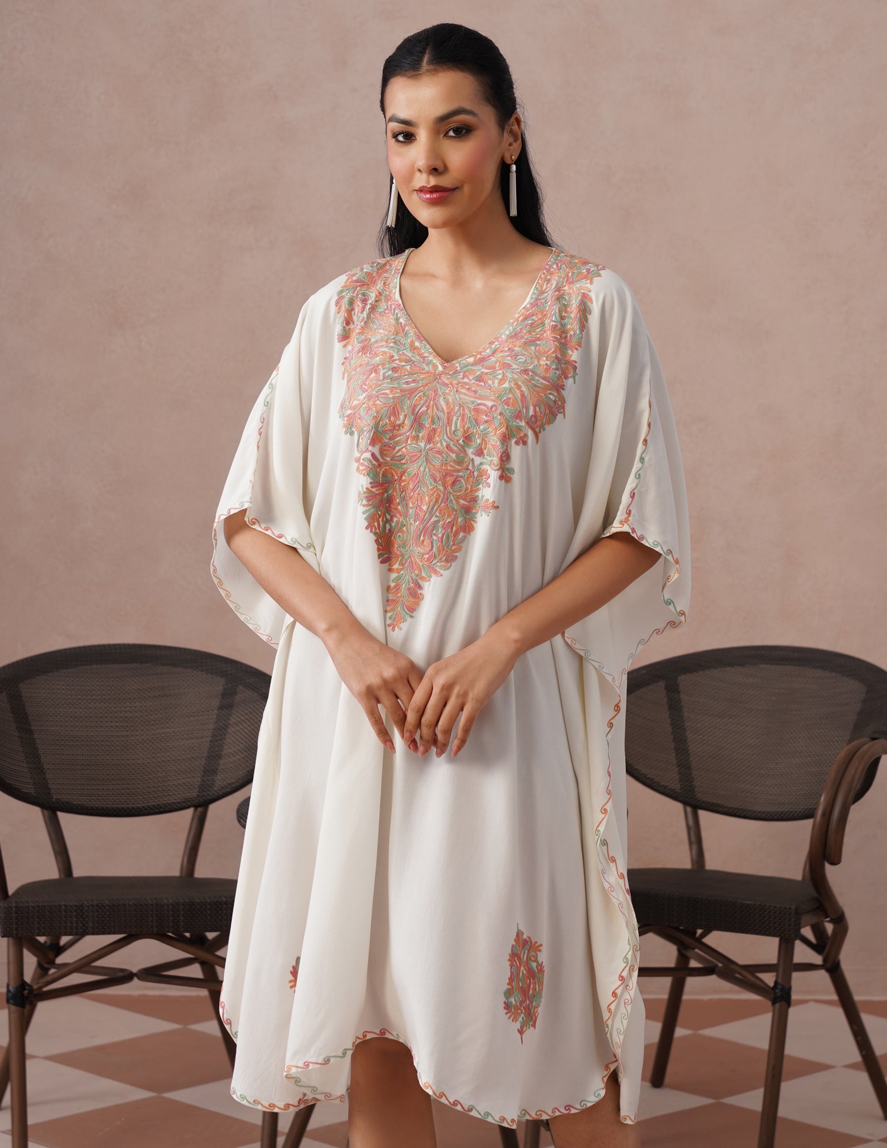 Off-White Rayon Kaftan – Multicolor Aari Embroidery | Light Summer Ethnic Wear - Kashmir Box