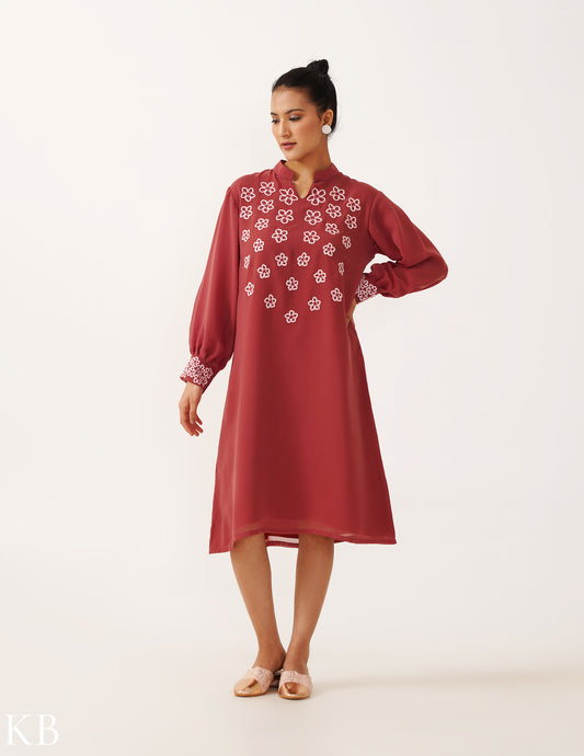 Berry Artisanal Embroidered Blush Balloon Sleeves Georgette Tunic - Kashmir Box