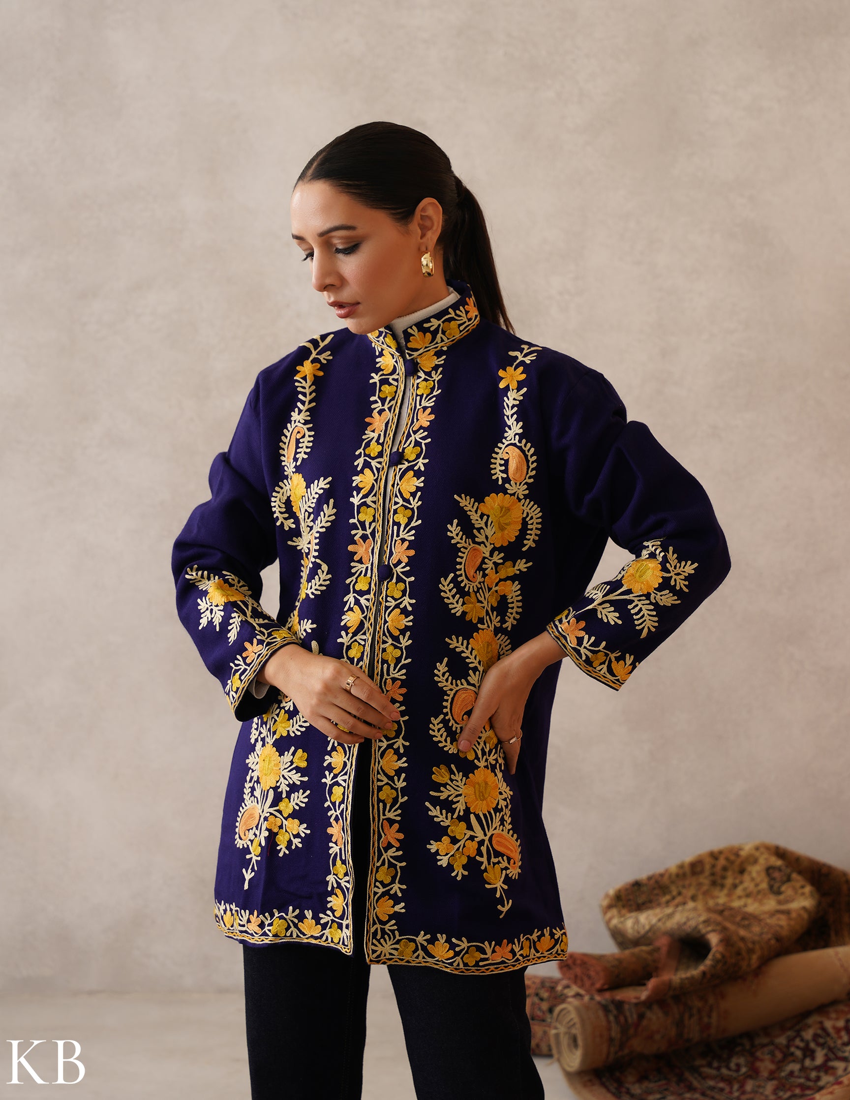 Nayaab Dark Royal Blue Kashmiri Aari Cashmilon Jacket - Kashmir Box