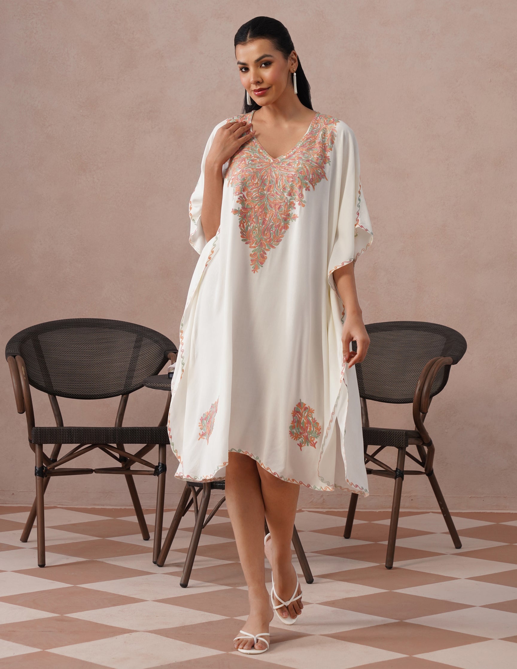 Off-White Rayon Kaftan – Multicolor Aari Embroidery | Light Summer Ethnic Wear - Kashmir Box