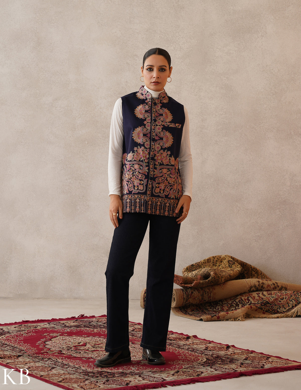 Nayaab Navy Blue Kashmiri Aari Fine Wool Waistcoat - Kashmir Box