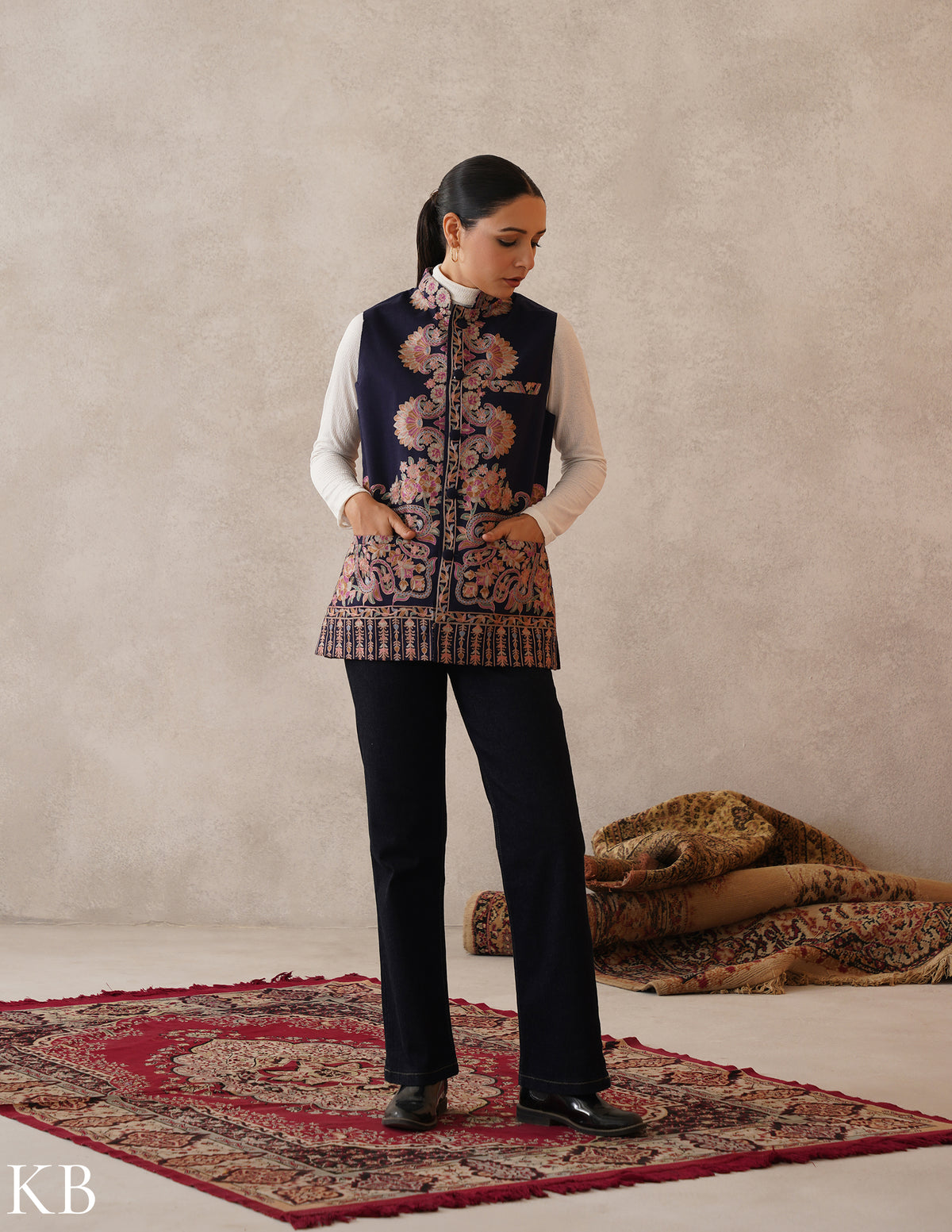 Nayaab Navy Blue Kashmiri Aari Fine Wool Waistcoat - Kashmir Box